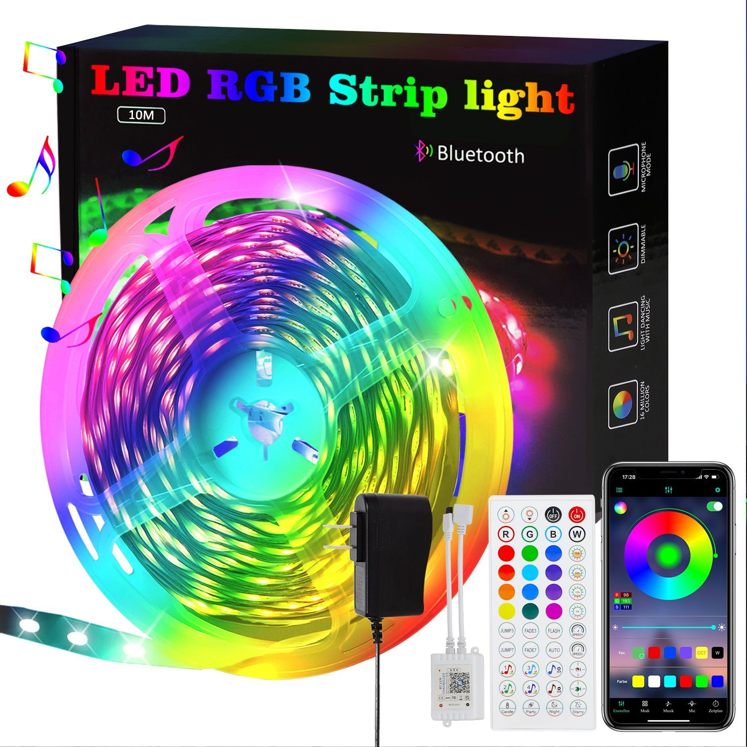 Kit di strisce luminose LED RGB, scatola, luci arrotolate, telecomando, alimentatore, controllo tramite app per telefono, luci colorate, Bluetooth.
