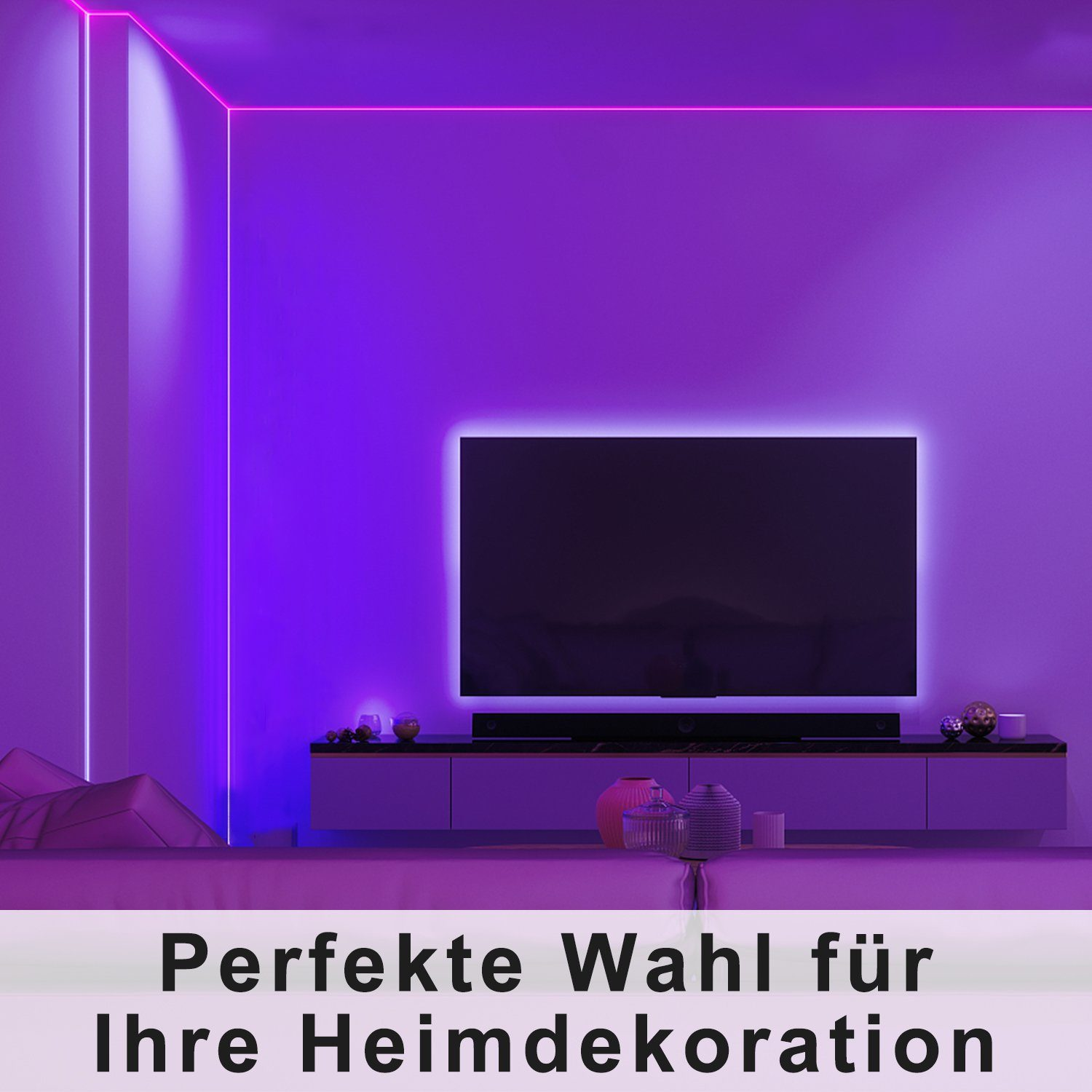 Una stanza con illuminazione viola. Un televisore è sulla parete sopra un mobile con decorazioni. Il testo "Perfekte Wahl für Ihre Heimdekoration" è in basso.