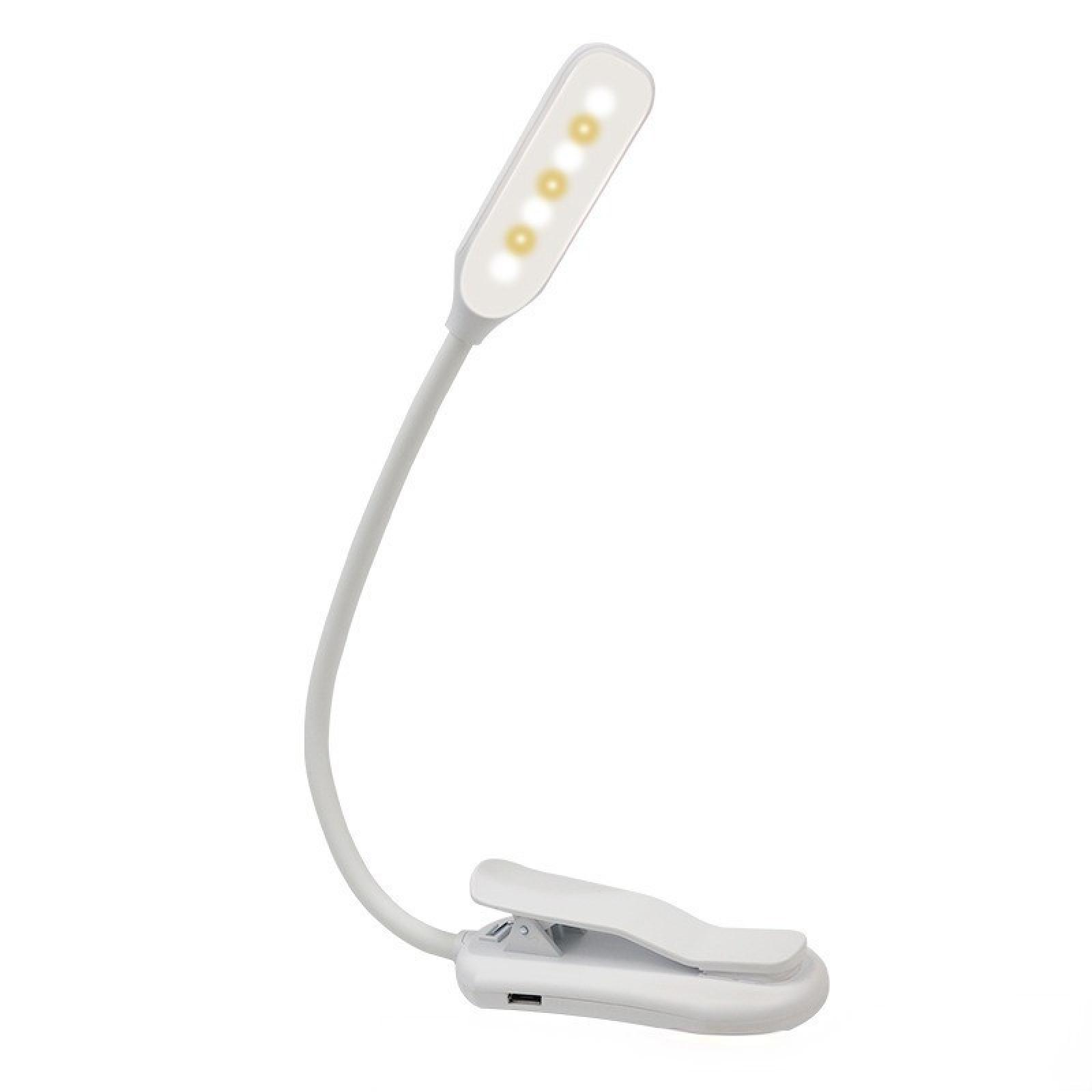 Eine weiße LED-Leselampe zum Anklemmen. Sie hat einen flexiblen Arm und einen Clip-Sockel. Das Licht hat vier LEDs.