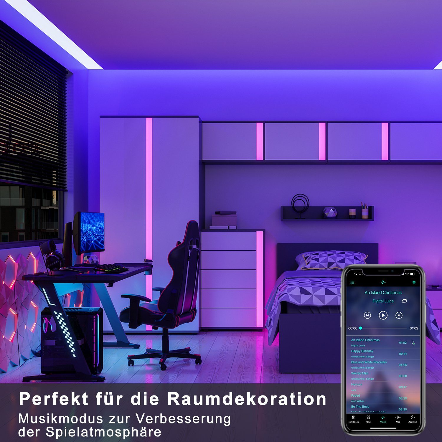 Una camera da letto moderna con configurazione di gioco, letto e telefono con musica. La stanza ha illuminazione viola e una scrivania con PC.