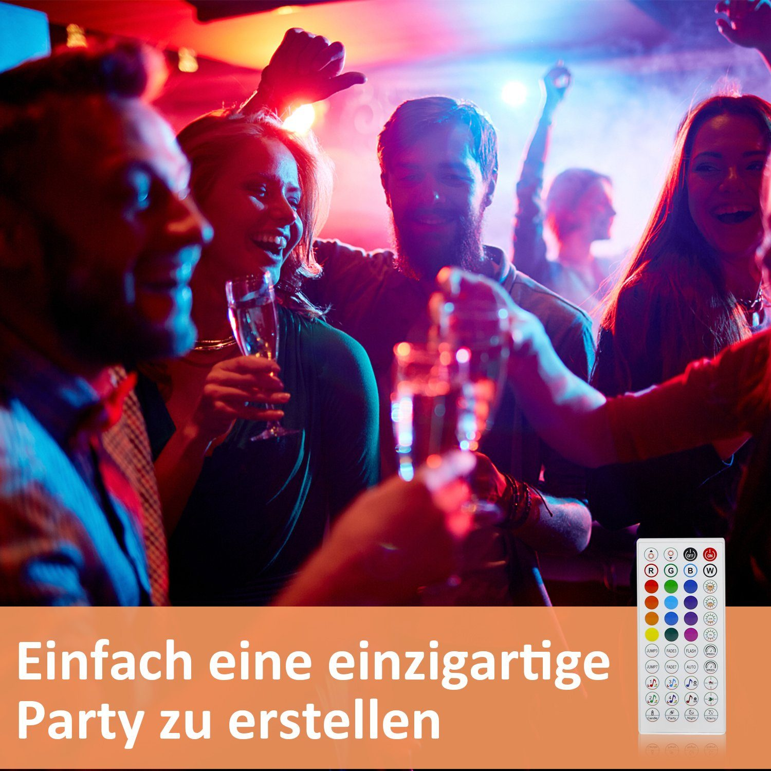 Persone a una festa, con bicchieri in mano. L'illuminazione rossa e blu crea un'atmosfera vibrante. Testo in basso. Un telecomando a destra.