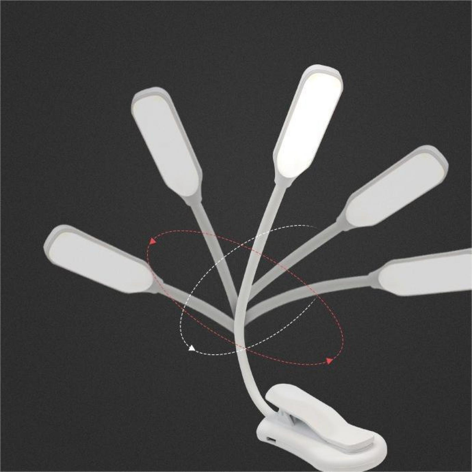 Eine weiße LED-Clip-On-Lampe mit mehreren Köpfen in einem Sternmuster. Der Hintergrund ist dunkelgrau.