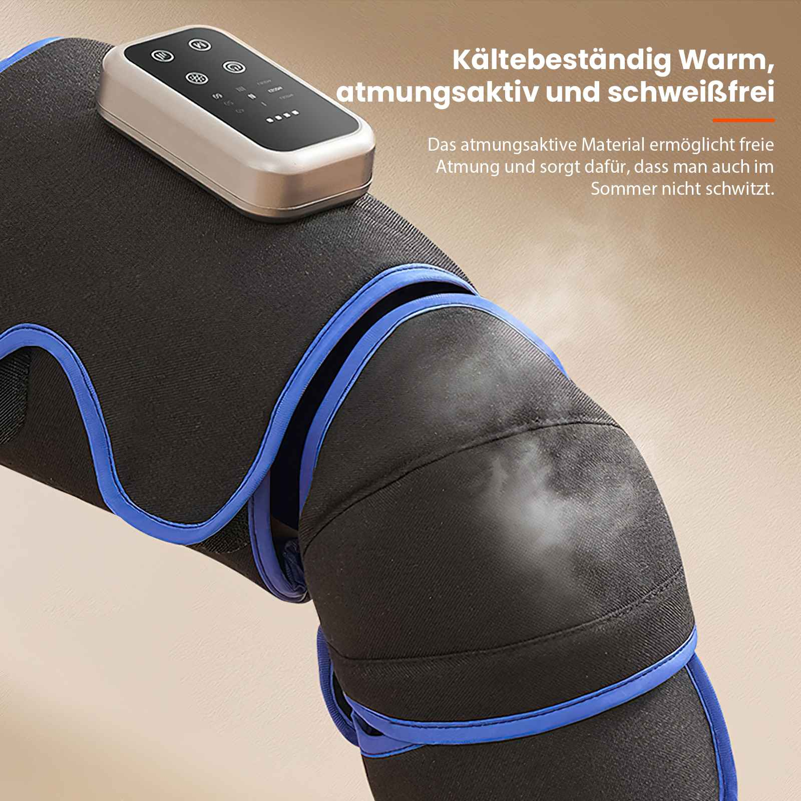 Schwarze Kniebandage mit blauen Zierleisten und einem Bedienfeld. Der Text beschreibt es als atmungsaktiv und warm.
