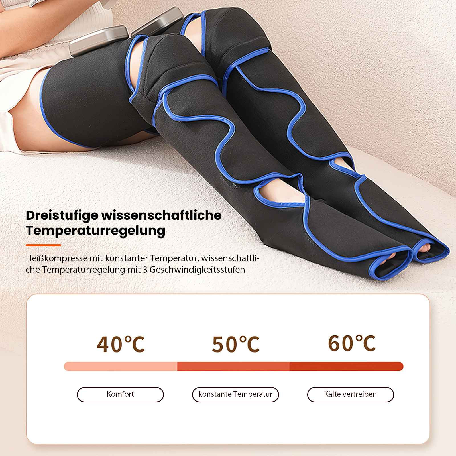 Person trägt schwarze Bein-Kompressionswickel mit blauen Zierleisten. Ein Bedienfeld zeigt Temperatureinstellungen.