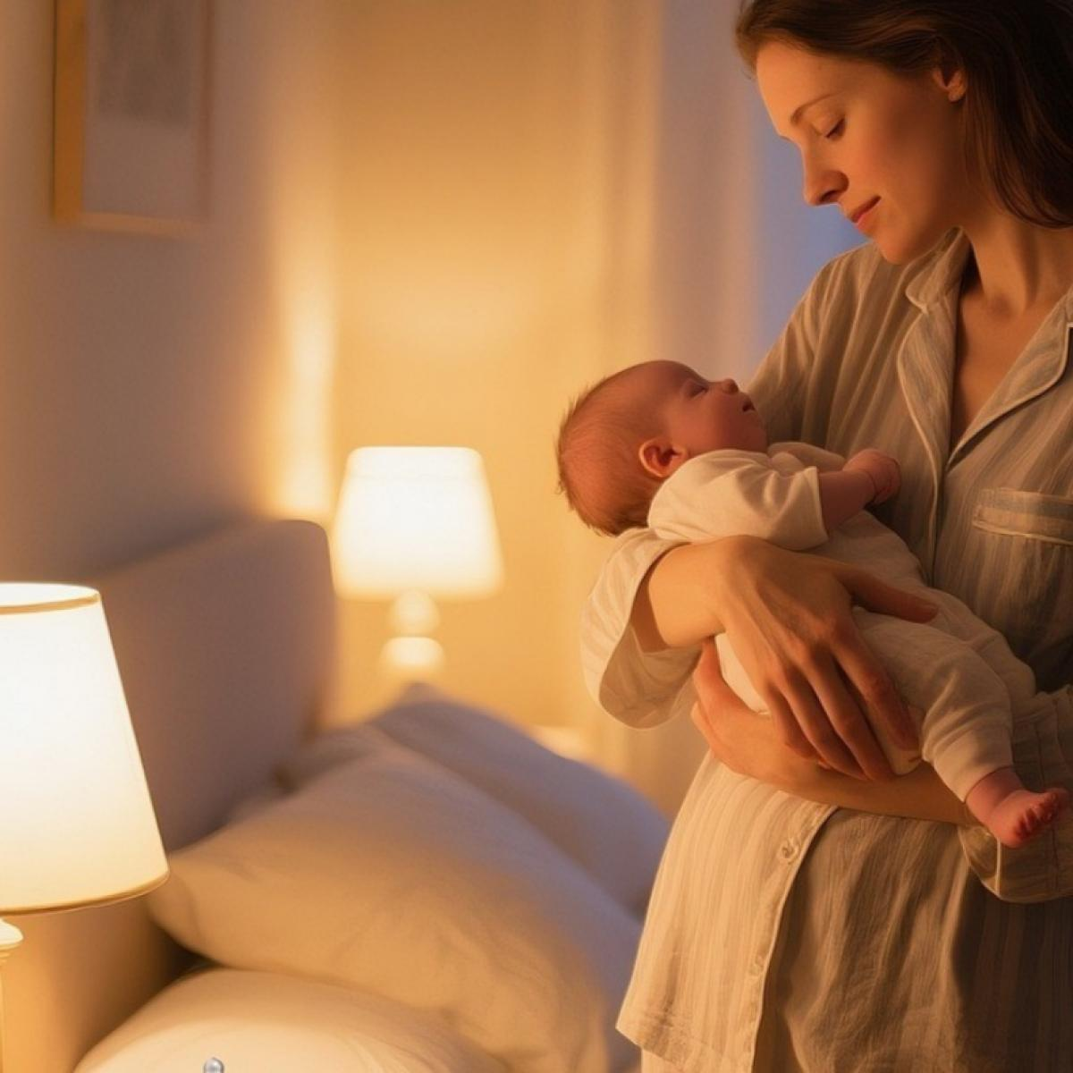 Eine Frau hält ein schlafendes Baby in einem Schlafzimmer. Weiches Licht beleuchtet die Szene und hebt Mutter und Kind hervor. Eine Lampe und ein Bett sind sichtbar.