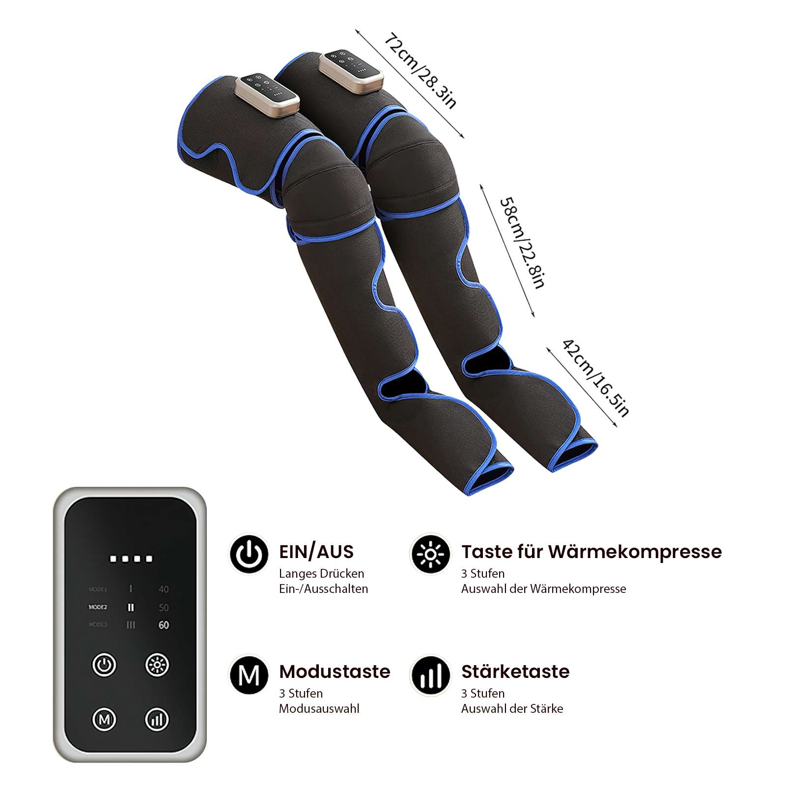 Zwei schwarze und blaue Knie-Massagegeräte mit Bedienfeld und Maßangaben.