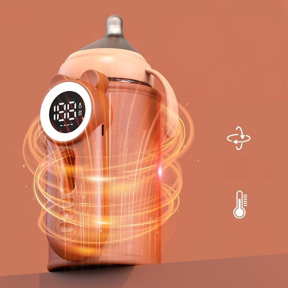 Ein orangefarbener Babyflaschenwärmer mit Digitalanzeige, die eine Temperatur anzeigt. Auf der rechten Seite befinden sich Icons zum Mischen und Heizen.