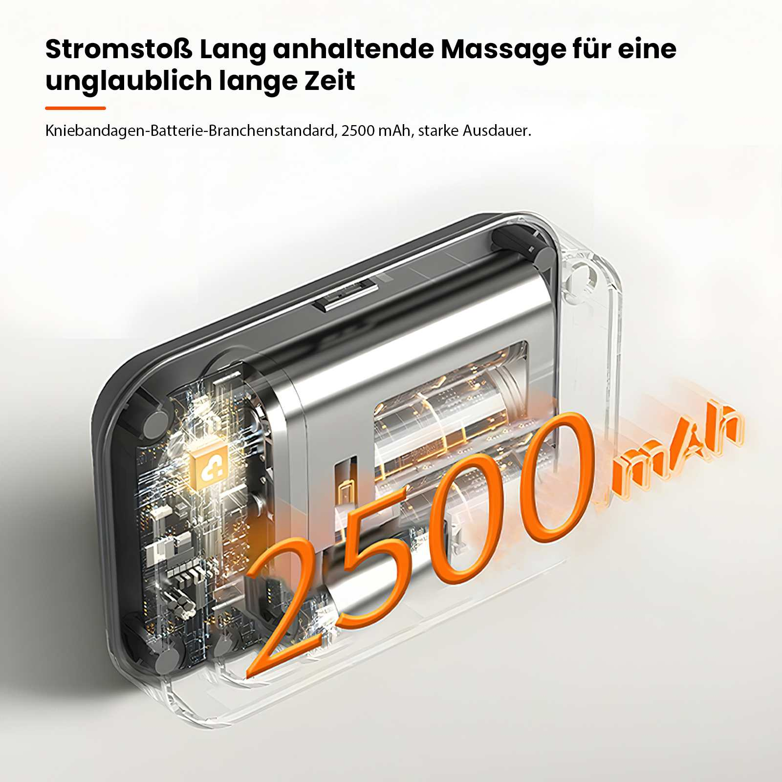 Ein transparentes Gerät zeigt seine Innenteile, mit der Zahl 2500 in Orange und Text, der 2500 mAh angibt.