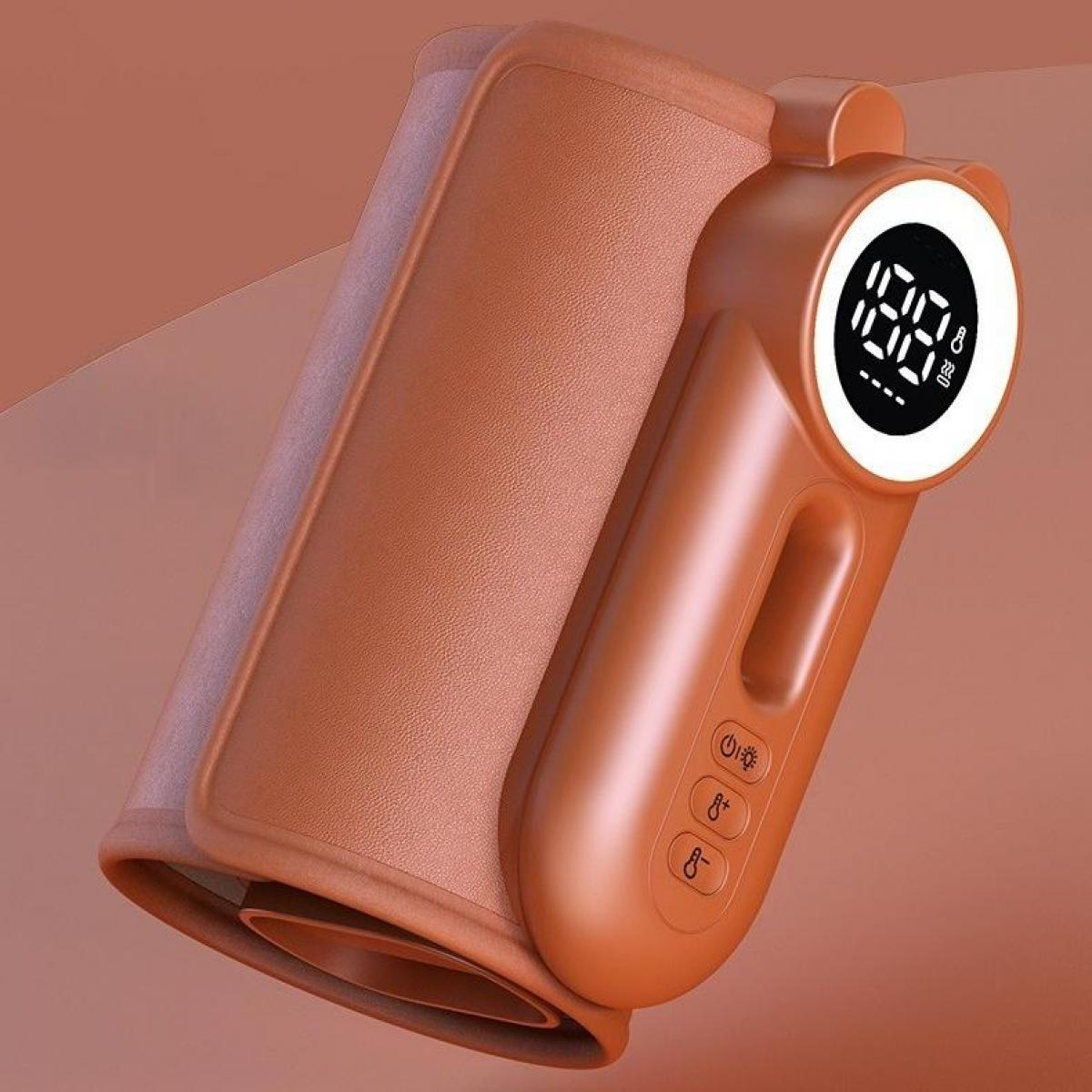 Ein orangefarbenes Blutdruckmessgerät. Es hat ein digitales Display mit Zahlen. Die Manschette ist gefaltet.