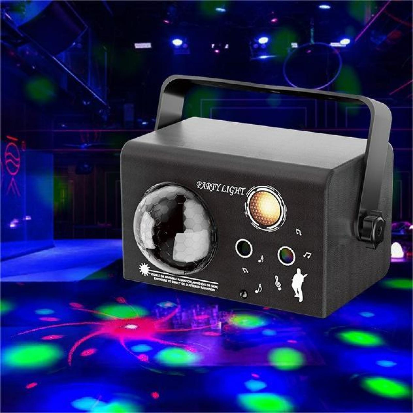 Ein schwarzer Party-Lichtprojektor mit Griff. Er hat eine runde Linse, ein Lautsprechersymbol und eine Musikersilhouette.