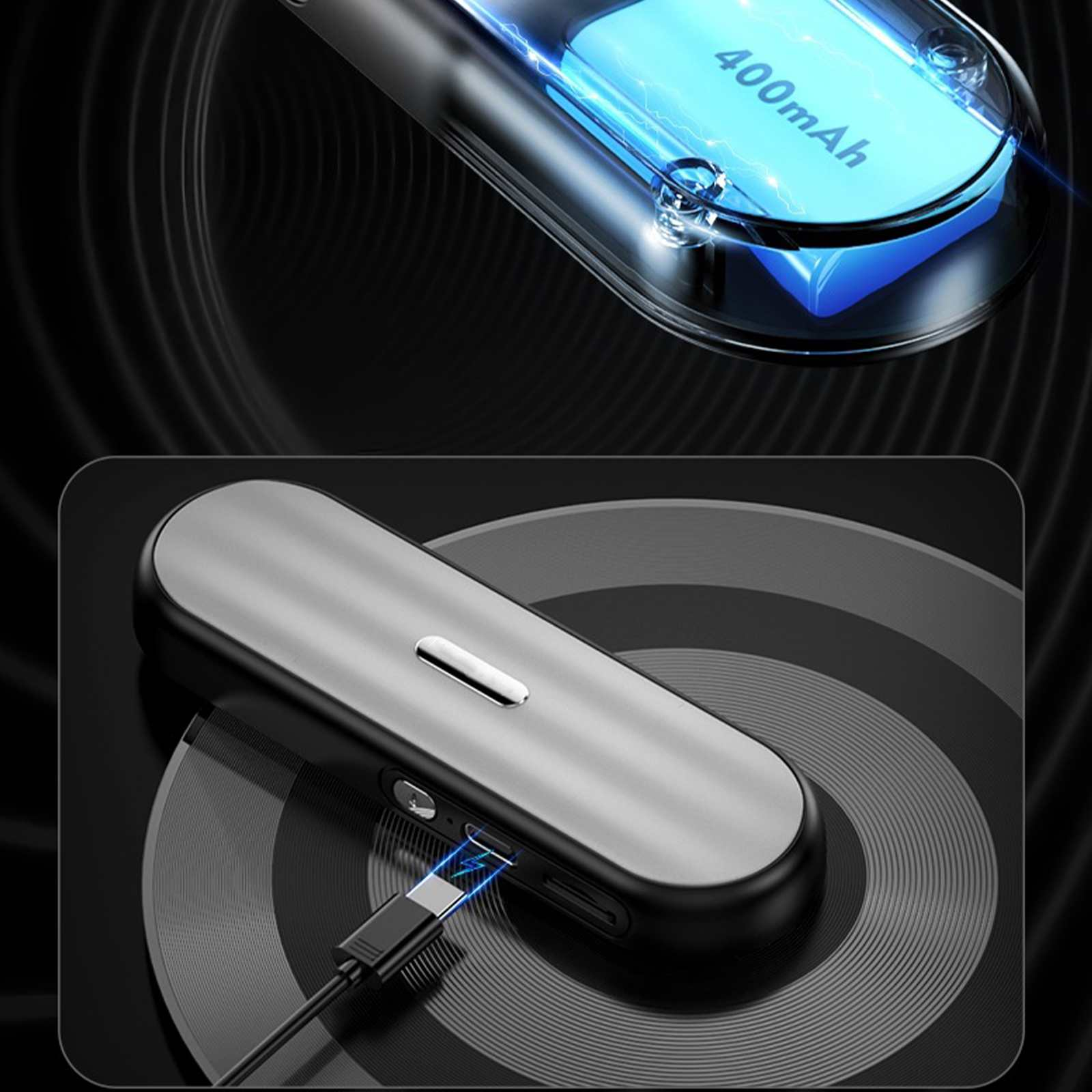 Ein silbernes und schwarzes Gerät mit Ladekabel, das einen Akku mit 400 mAh Kapazität anzeigt.