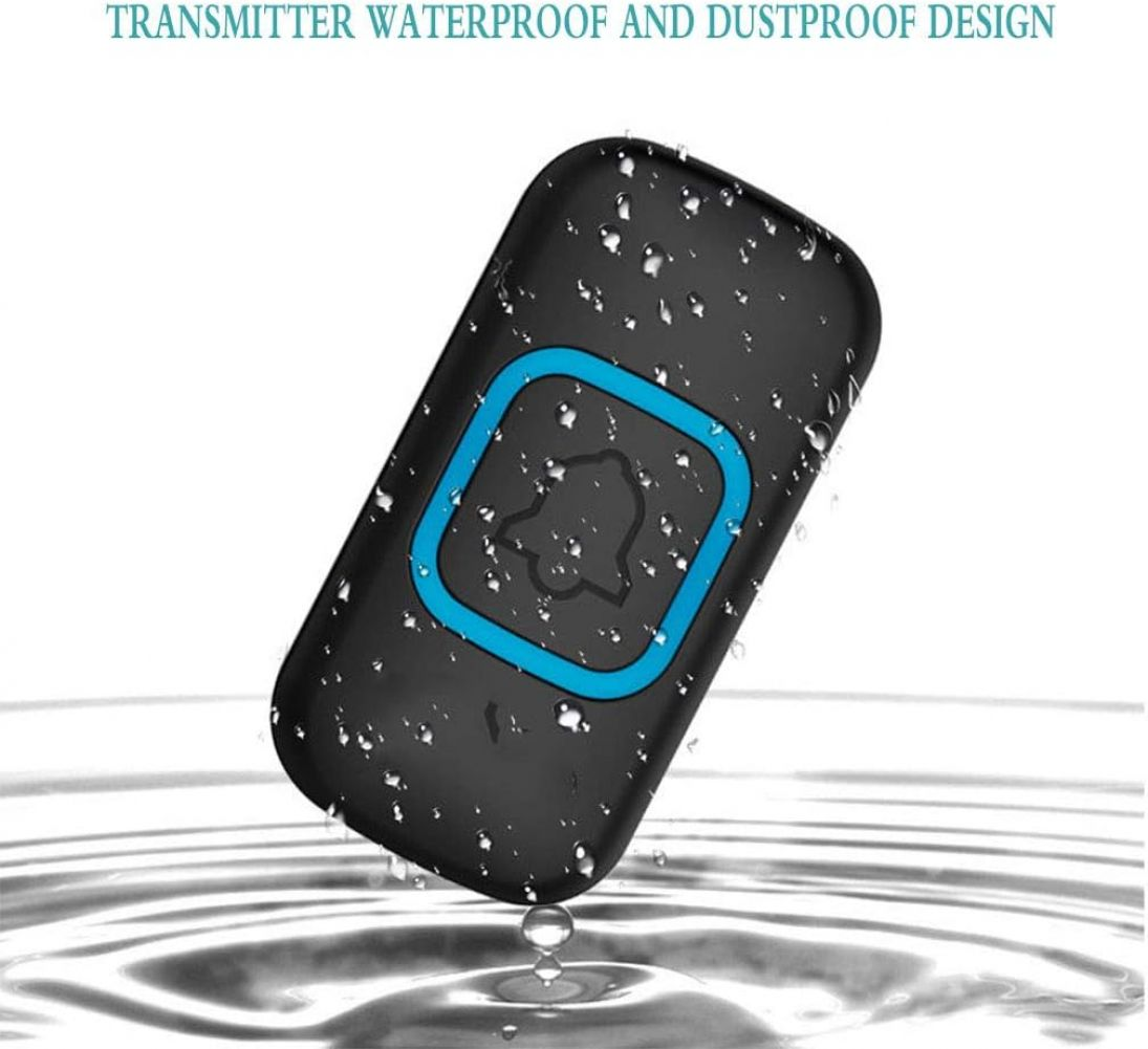 Schwarzer, wasserdichter Sender mit blauem Rand. Wassertropfen auf dem Gerät und Hintergrund mit Wellen. Ein Glockensymbol ist sichtbar.