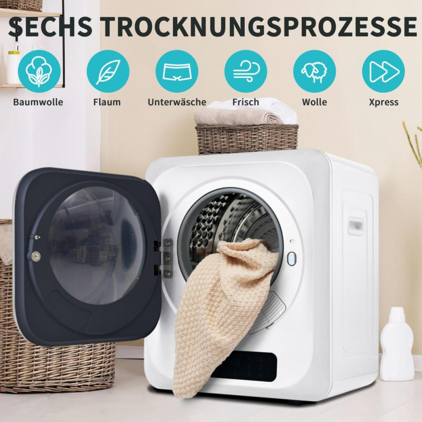 Ein weißer Trockner mit offener Tür. Eine beige Decke kommt heraus. Oben Text über Trocknungsprozesse.
