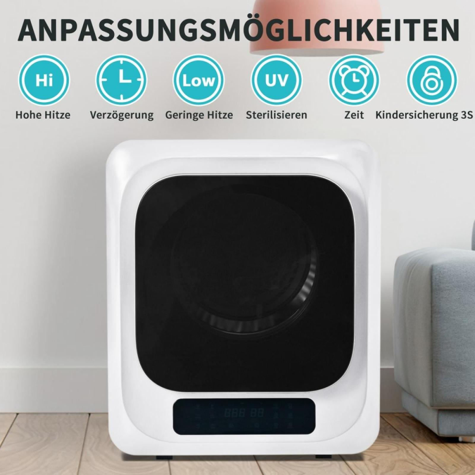 Ein weißes Gerät mit schwarzem Innenraum und Display. Darüber befinden sich Einstellsymbole. Im Hintergrund befindet sich ein Sofa.