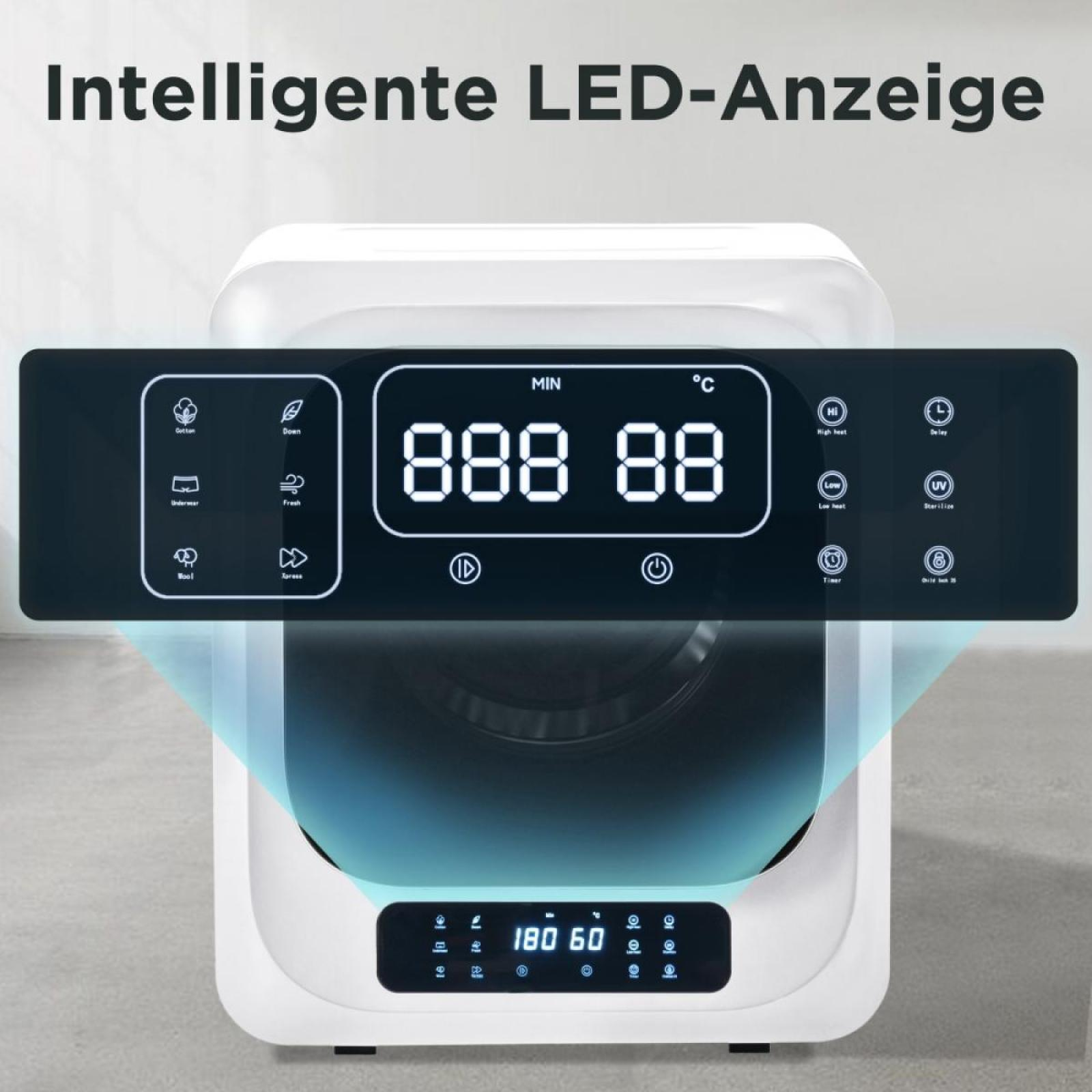 Weißes Gerät mit Digitalanzeige, die Zahlen anzeigt. Oben steht 'Intelligente LED-Anzeige'.