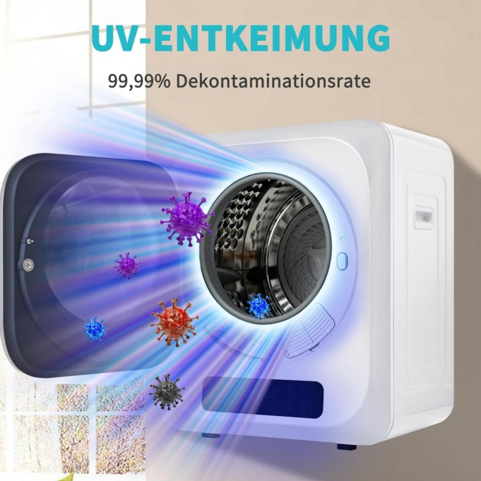 UV-Desinfektionsmaschine mit geöffneter Tür, hervorgehoben durch blaues Licht. Mikroben schweben darin. Text 'UV-ENTKEIMUNG'.