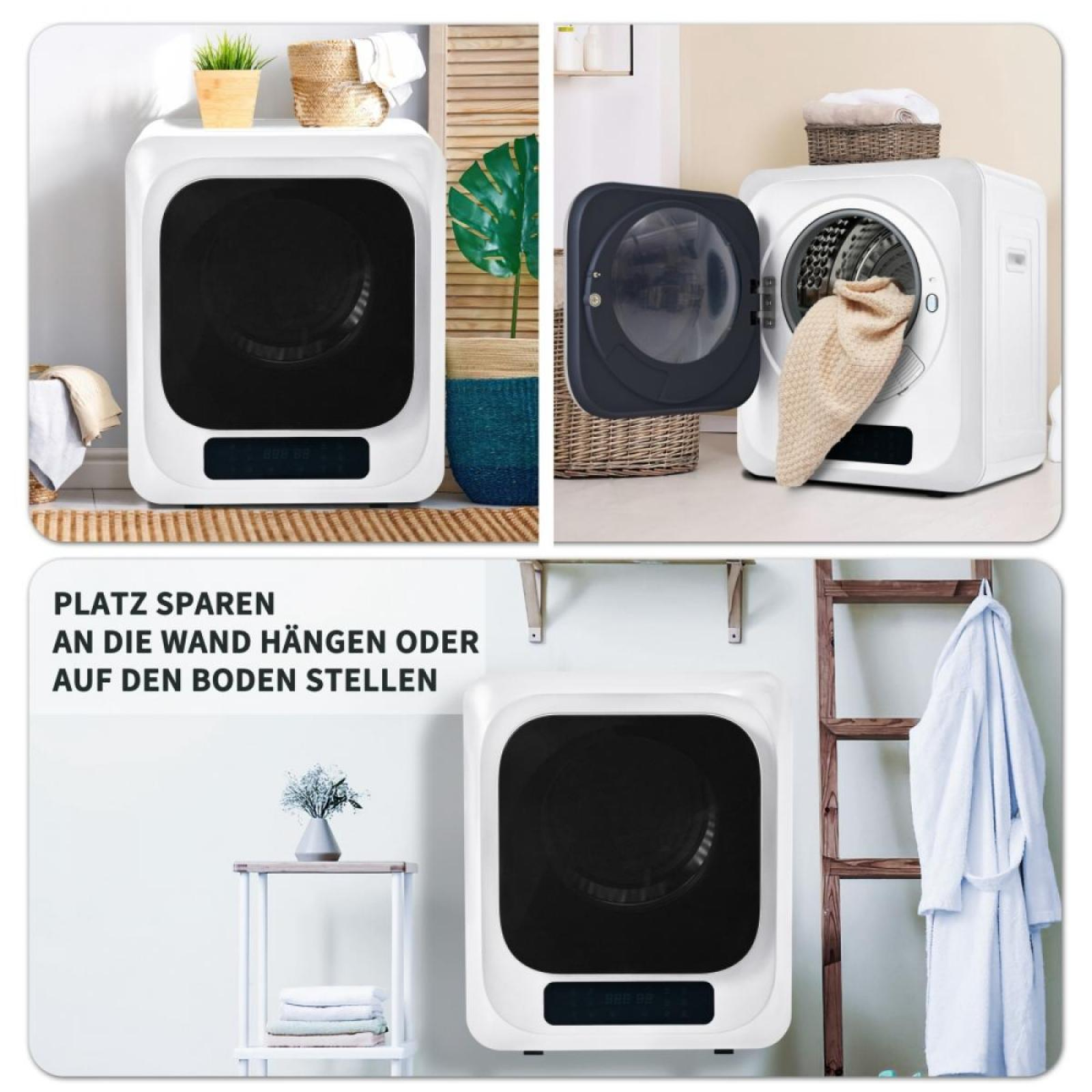 Ein weißer quadratischer Trockner, offen und geschlossen, mit Wäsche im Inneren. Weitere Elemente sind eine Leiter und ein kleiner Tisch.