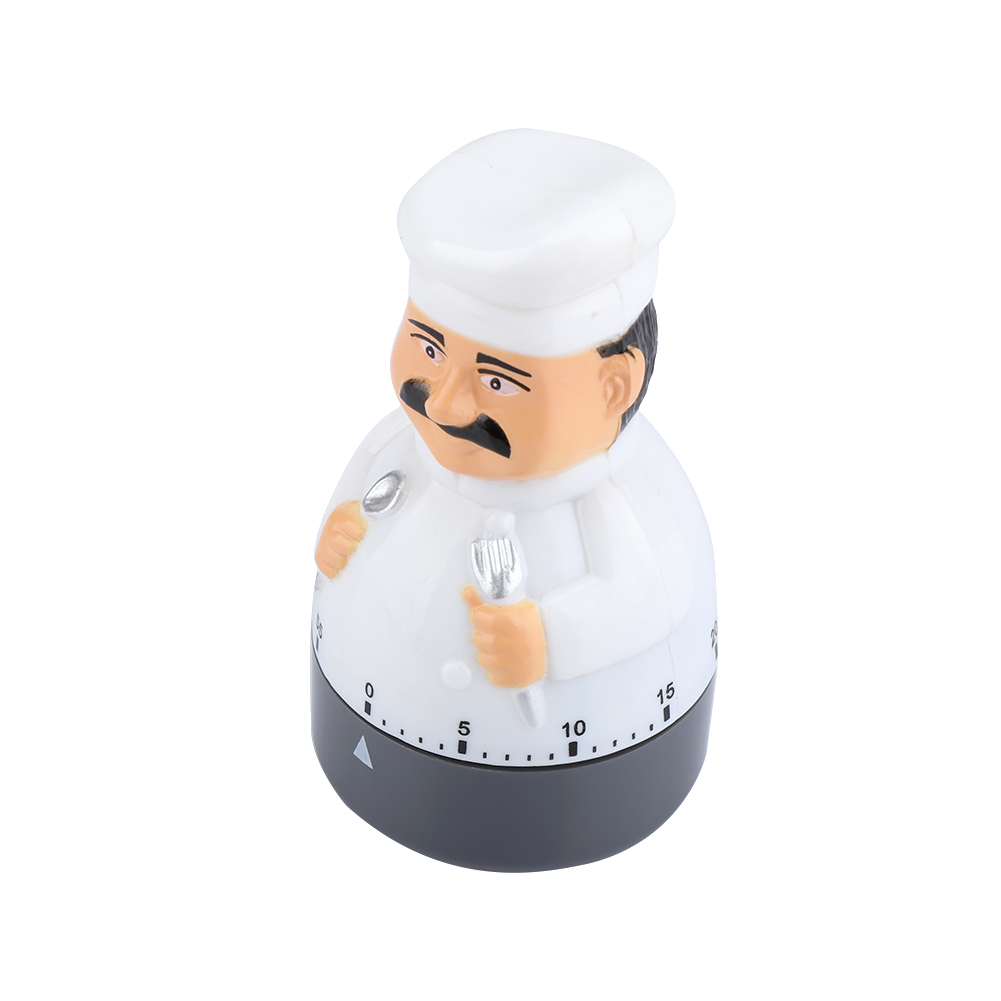 Küchentimer in Kochform. Die Figur trägt eine weiße Mütze und Uniform und hält einen Löffel und eine Gabel. Der Timer hat einen schwarzen Sockel.
