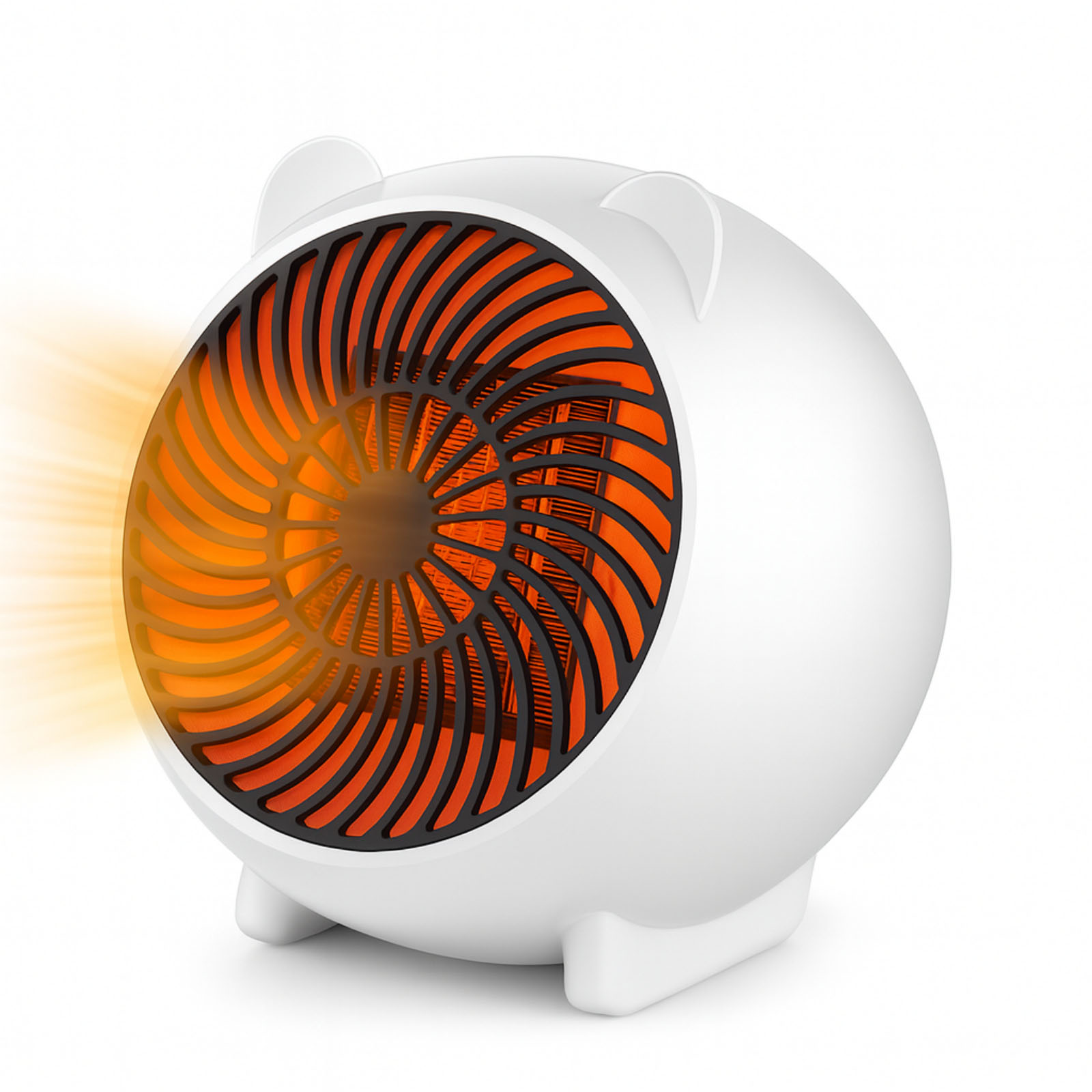 Weißer, runder Heizlüfter mit orangefarbenem Heizelement und schwarzem Gitter. Es hat zwei kleine Ohren. Warme Luft bläst.