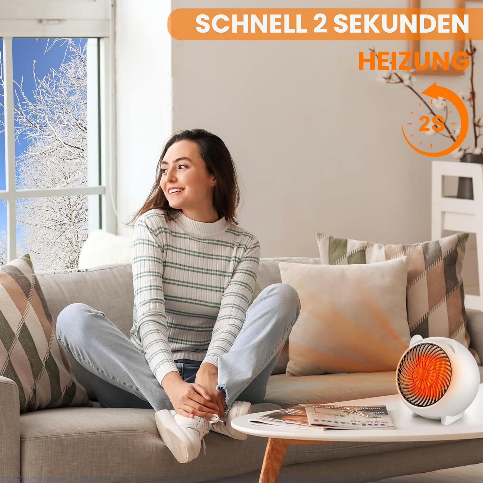 Eine Frau auf einem Sofa lächelt, ein Heizgerät auf einem Tisch, eine verschneite Szene aus dem Fenster, Text 'Schnell 2 Sekunden Heizung'.