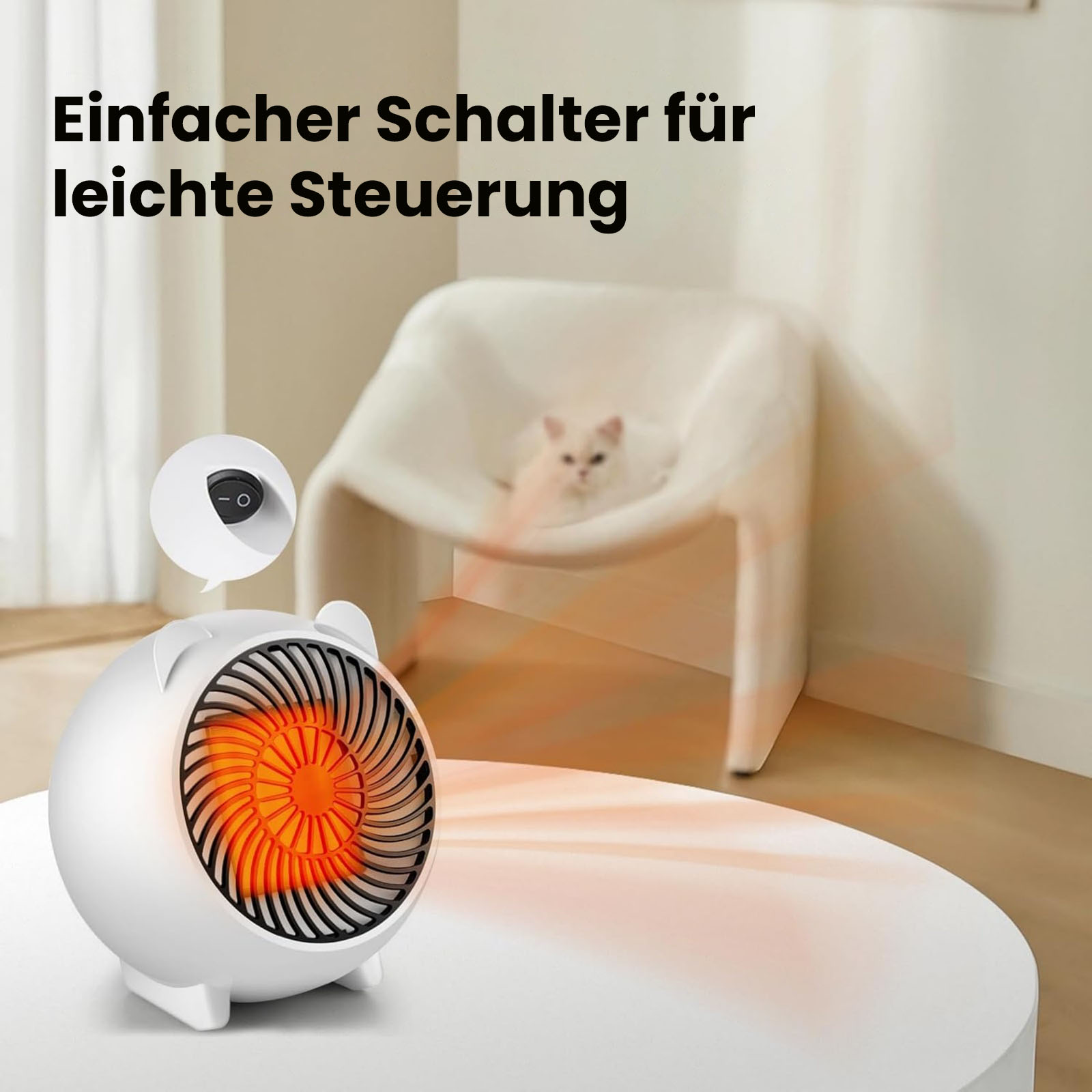 Ein weißer Heizlüfter mit orangefarbenem Innenraum steht auf einem Tisch. Eine Katze ist im Hintergrund.