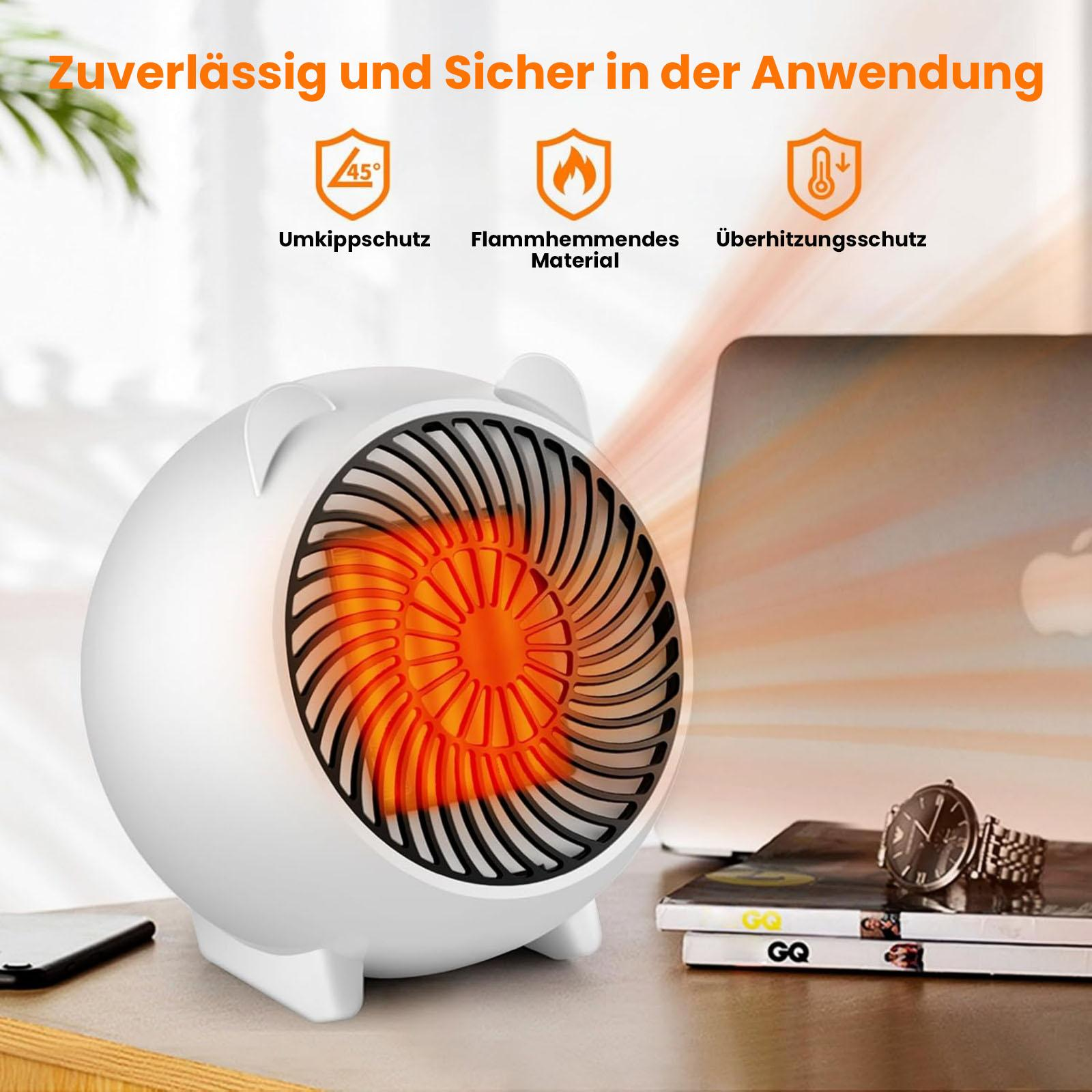 Ein weißer, runder Heizlüfter mit einem orangefarbenen Heizelement steht auf einem Tisch. GQ-Magazine und eine Uhr liegen daneben.