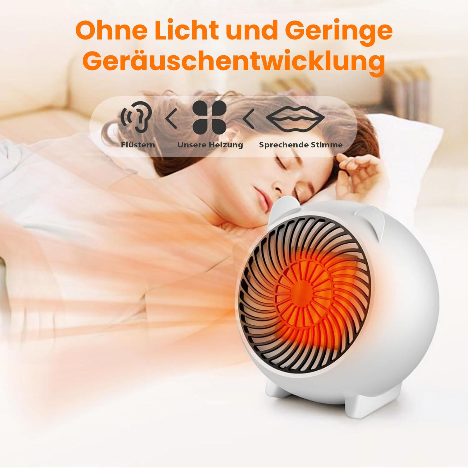 Eine Frau schläft neben einem weißen Heizgerät mit rotem Kern. Das Bild wirbt für leises, lichtfreies Heizen, mit Symbolen.