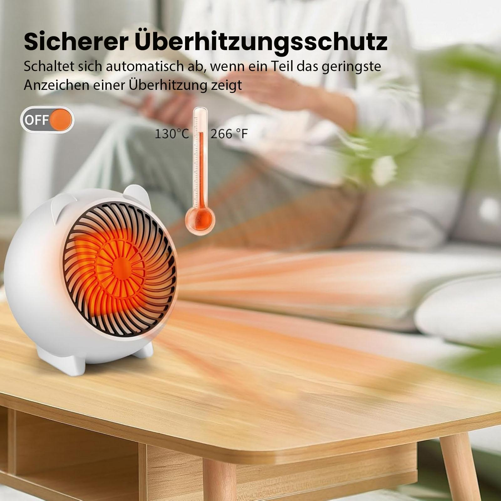 Ein weißer, runder Heizlüfter mit orangefarbenem Glühen auf einem Holztisch. Thermometer zeigt Temperatur. Der Hintergrund ist unscharf.