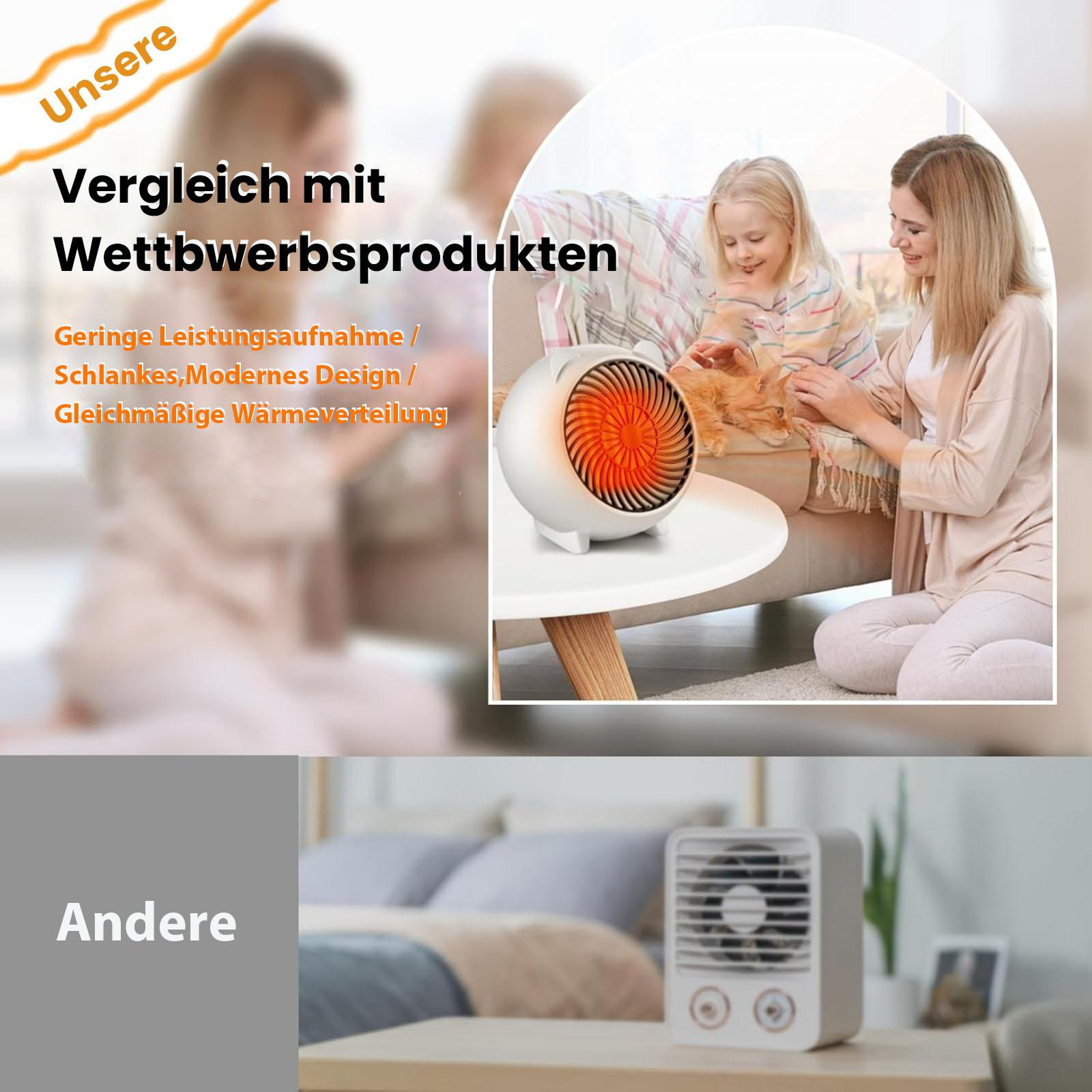 Das Bild zeigt einen Heizlüfter auf einem Tisch. Eine Frau und ein Kind streicheln eine orange Katze. Auch Text auf Deutsch ist vorhanden.