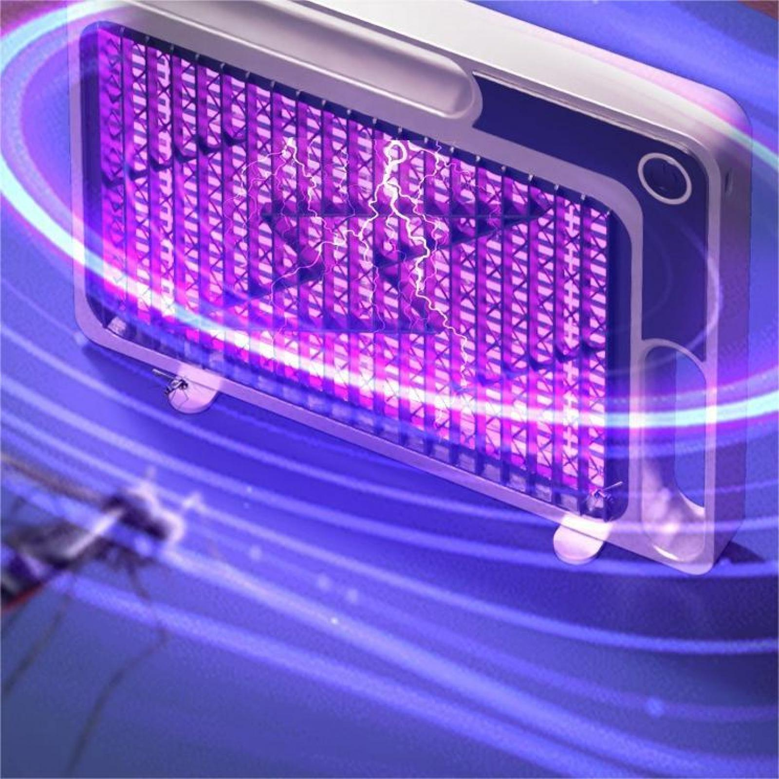 Ein violettes Insektenvernichtergerät. Es hat ein Gitter mit violetten Lichtern und einen weißen Umriss. Energiebögen sind sichtbar.