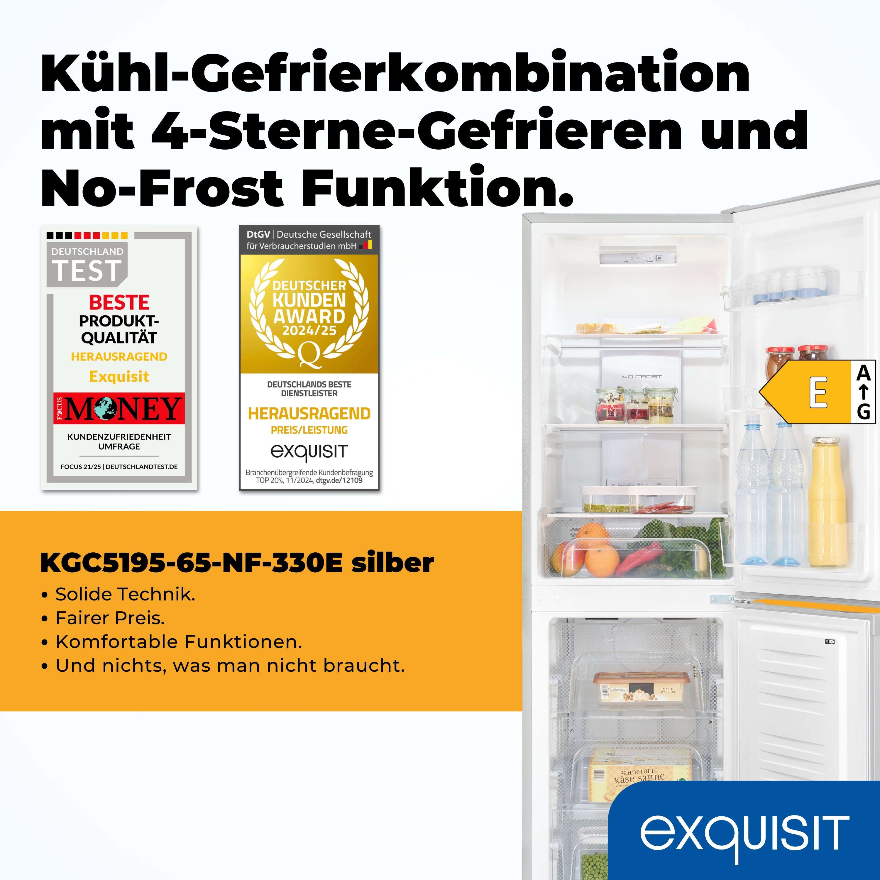 Kühlschrank mit offener Tür. Im Inneren befinden sich Lebensmittel, Flaschen und Regale. Oben steht "NO FROST".