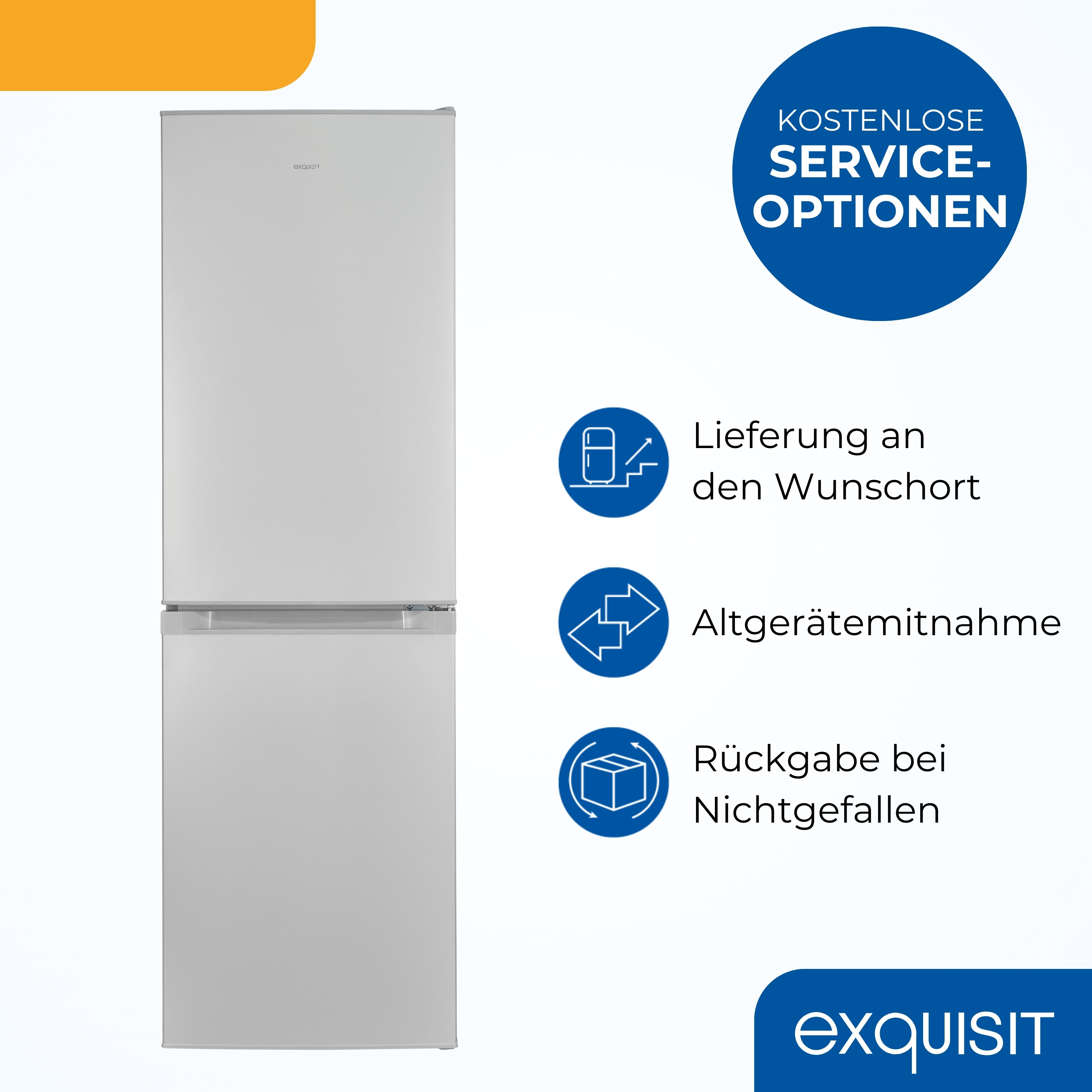 Ein weißer Exquisit-Kühlschrank mit Serviceoptionen. Blaue Kreise zeigen Lieferung, Altgeräteentsorgung und Rückgabe.