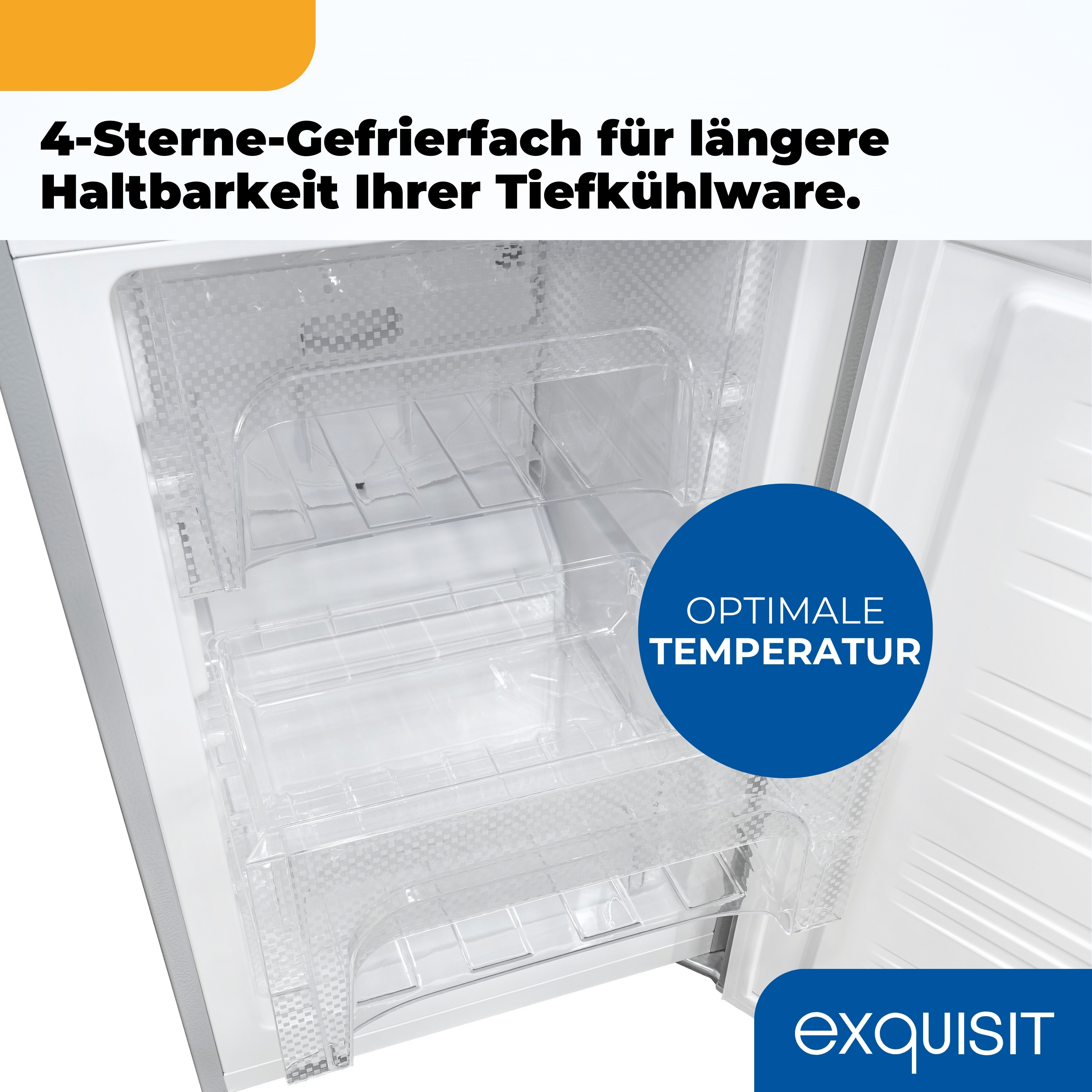 Innenraum eines offenen Gefrierschranks mit durchsichtigen Kunststoffregalen. Ein blauer Kreis sagt OPTIMALE TEMPERATUR. Der Markenname ist exquisit.