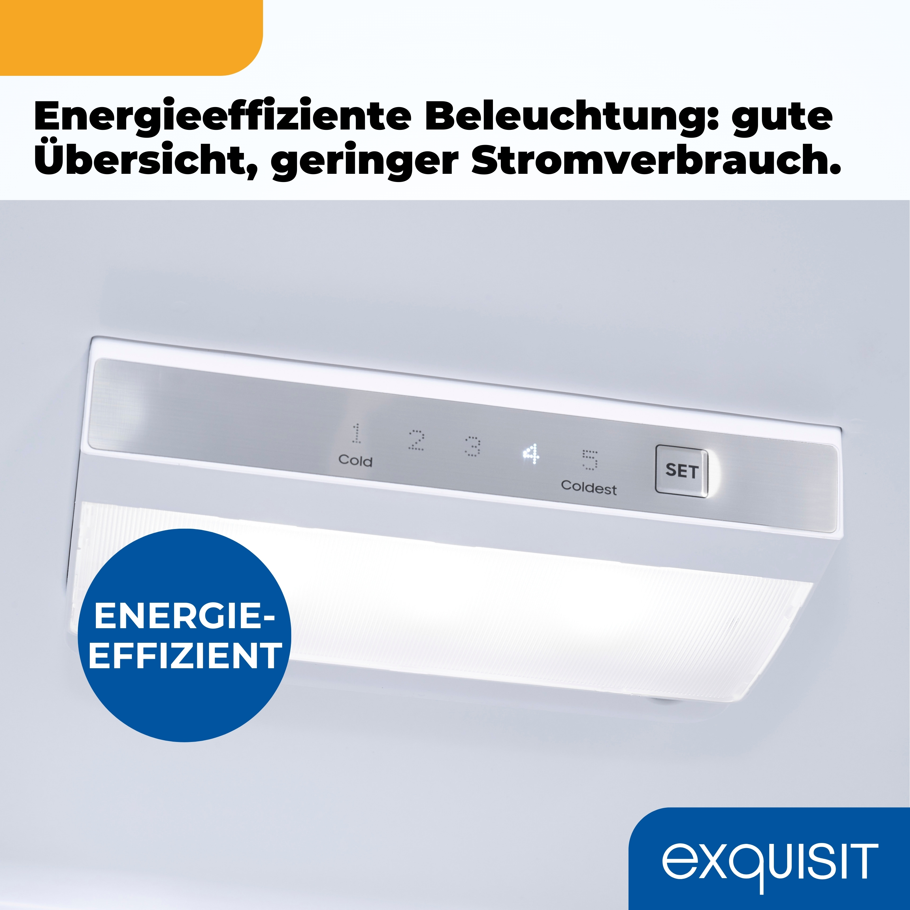 Ein weißes Panel mit digitaler Anzeige der Temperatureinstellungen und ein blauer Kreis mit 'ENERGIE-EFFIZIENT'.