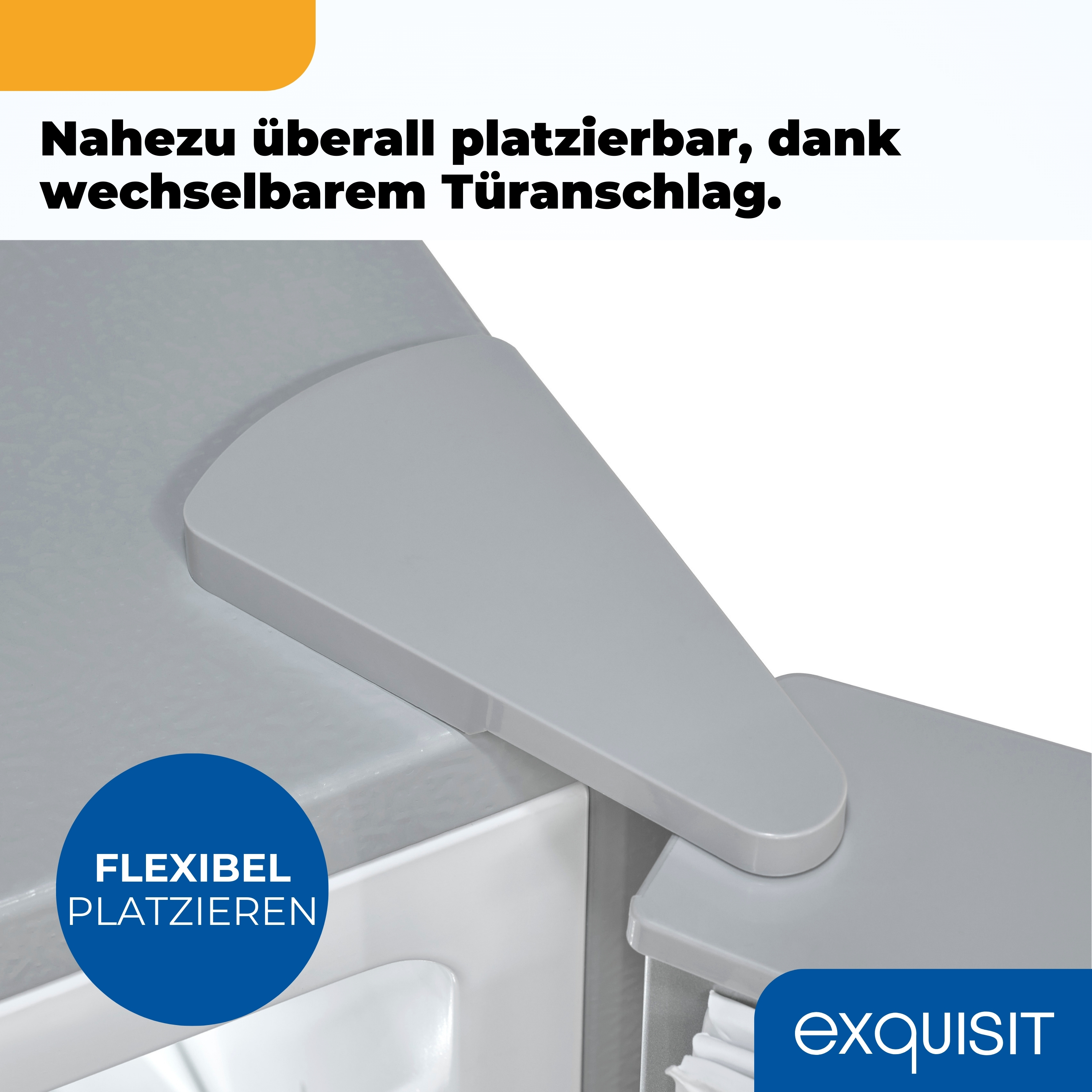 Eine graue Schranktür ist offen. Ein blauer Kreis sagt 'FLEXIBEL PLATZIEREN'. Die Marke 'exquisit' ist unten.