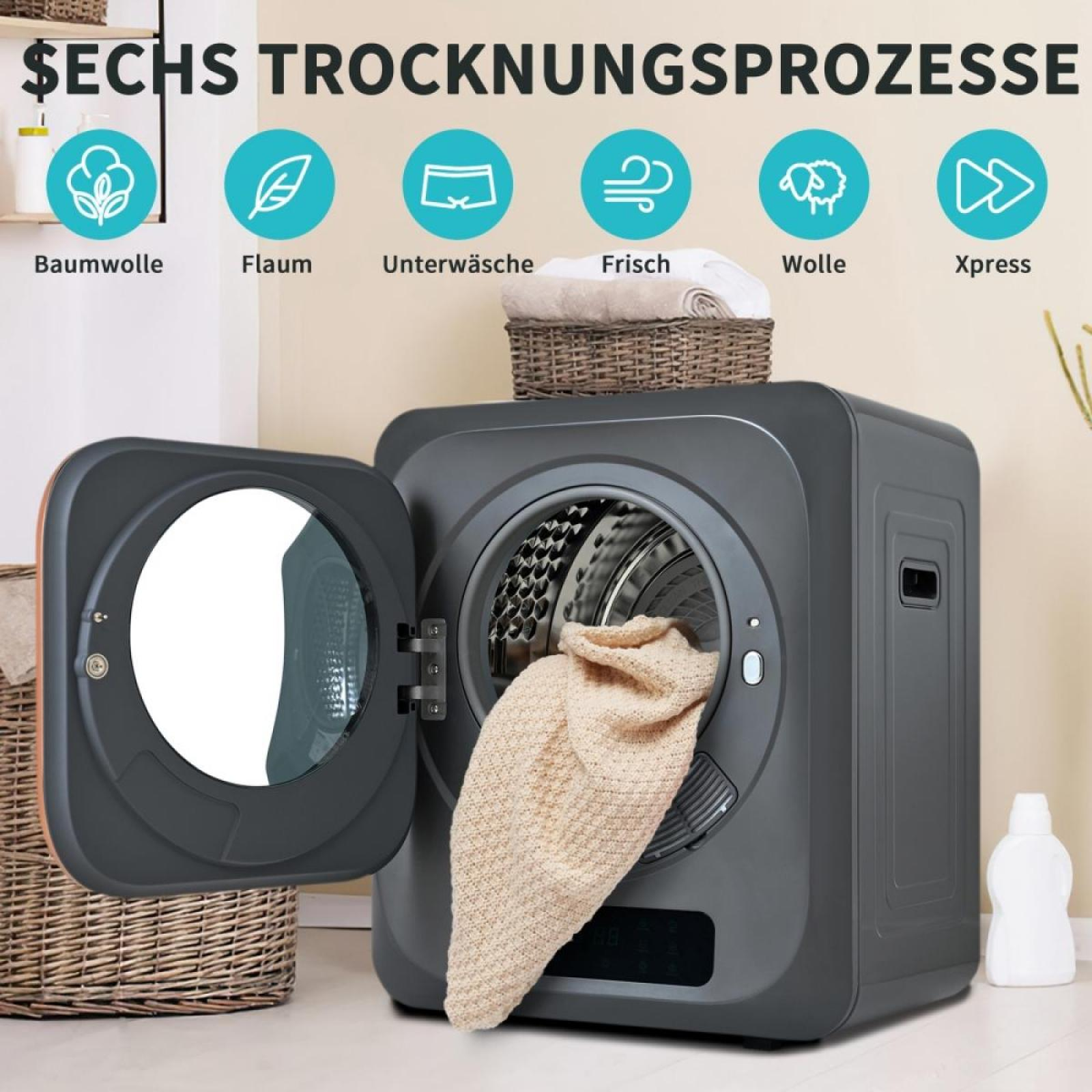 Ein Trockner mit offener Tür, eine beige Decke darin. Symbole oben zeigen Trockenoptionen. Ein Korb mit Handtüchern befindet sich oben.