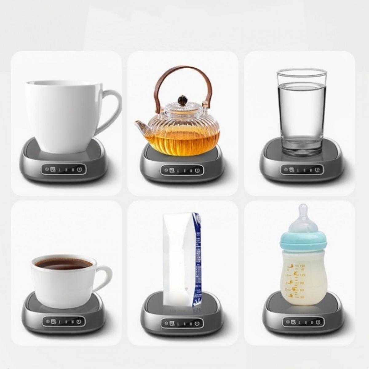 Sechs Gegenstände auf Wärmern: weißer Becher, Teekanne, Glas Wasser, Kaffeetasse, Päckchen und Babyflasche. Alle auf grauen, kreisförmigen Sockeln.