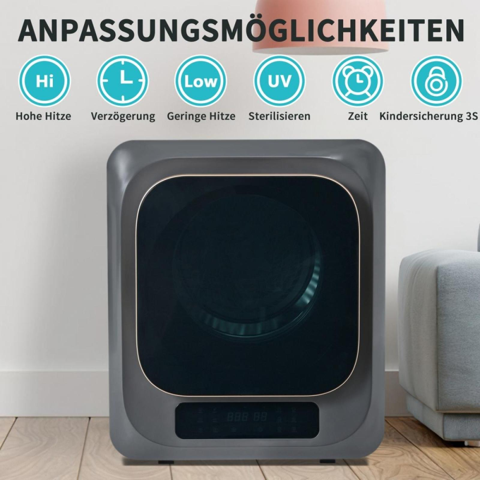 Graues Gerät mit dunkler Glastür und Bedienfeld; Symbole oben zeigen Einstellungen wie Hitze, Zeit und Sterilisation.
