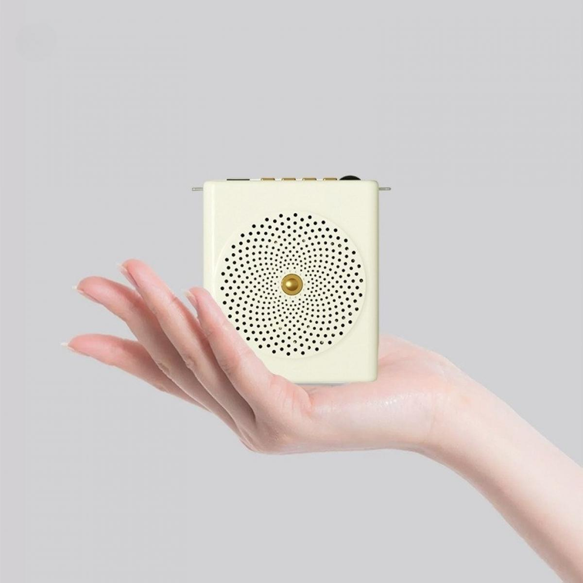Eine Hand hält einen kleinen, cremefarbenen Lautsprecher. Der Lautsprecher hat eine kreisförmige Anordnung von Löchern und eine goldene Mitte. Der Hintergrund ist grau.