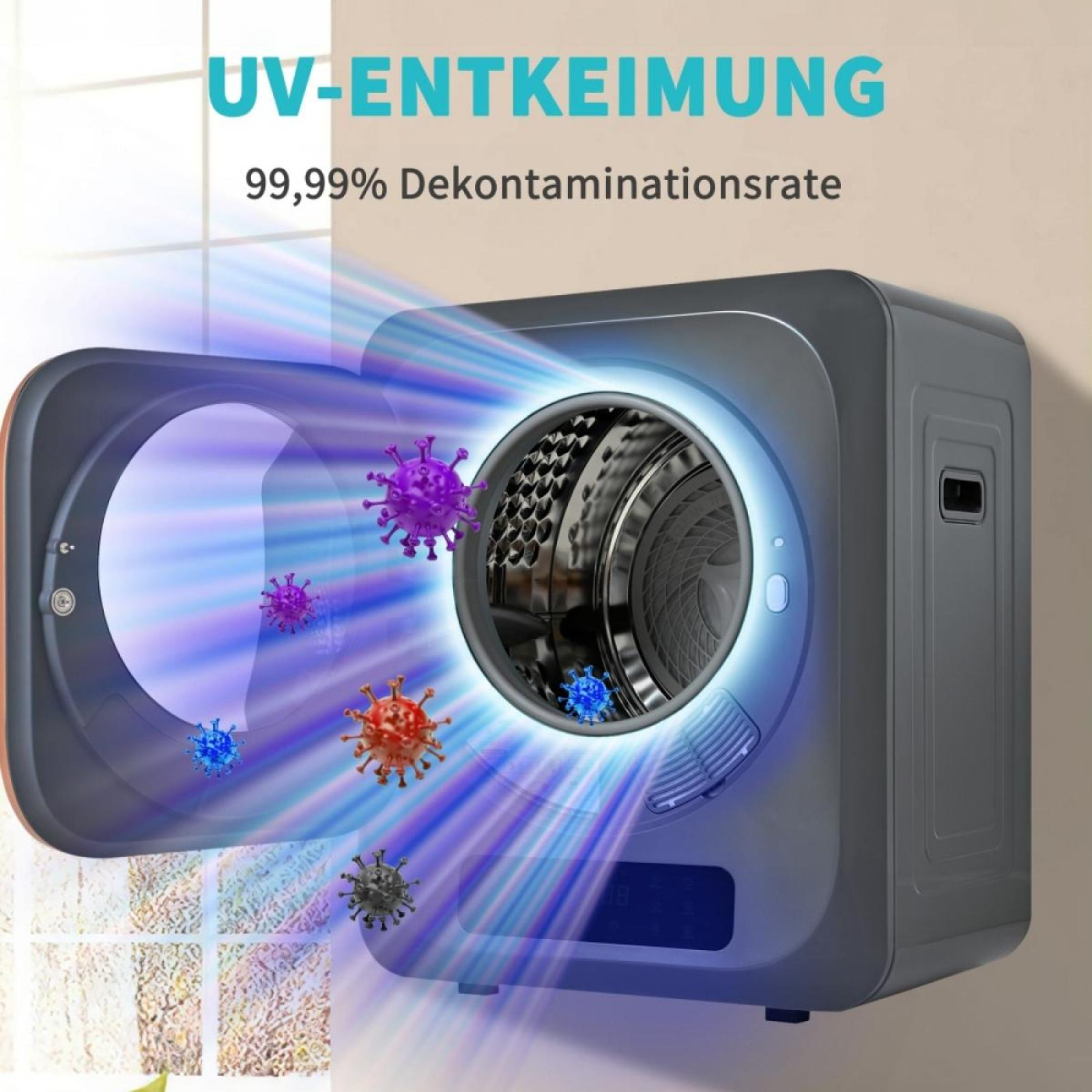 Ein UV-Sterilisator mit offener Tür, der einen Dekontaminationsprozess zeigt. Bunte Virusmodelle werden gezeigt. Text: UV-Entkeimung.
