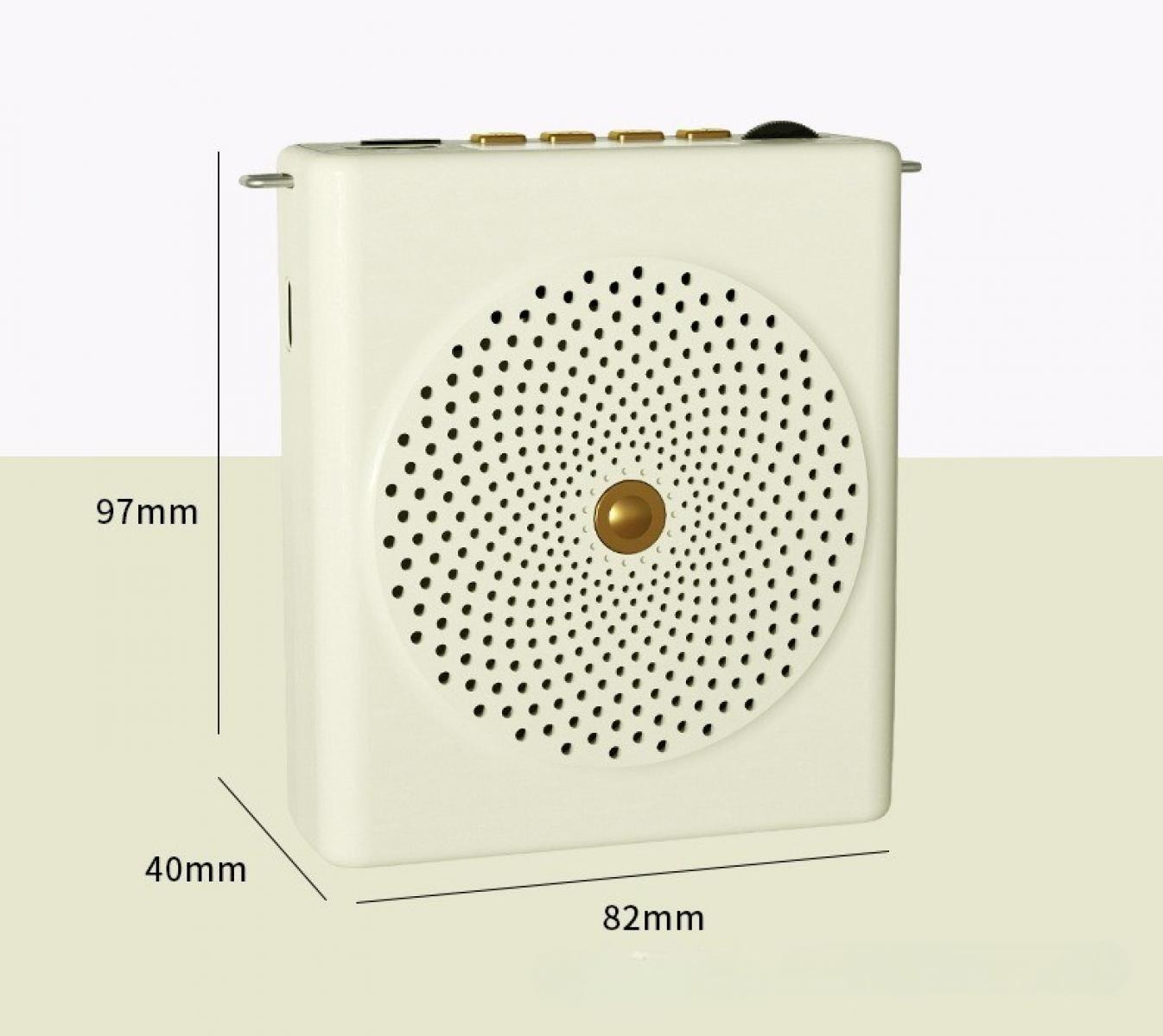 Ein cremefarbener Lautsprecher mit kreisförmigem perforiertem Gitter. Maße: 97 mm hoch, 40 mm tief, 82 mm breit. Goldakzente und Bedienelemente.