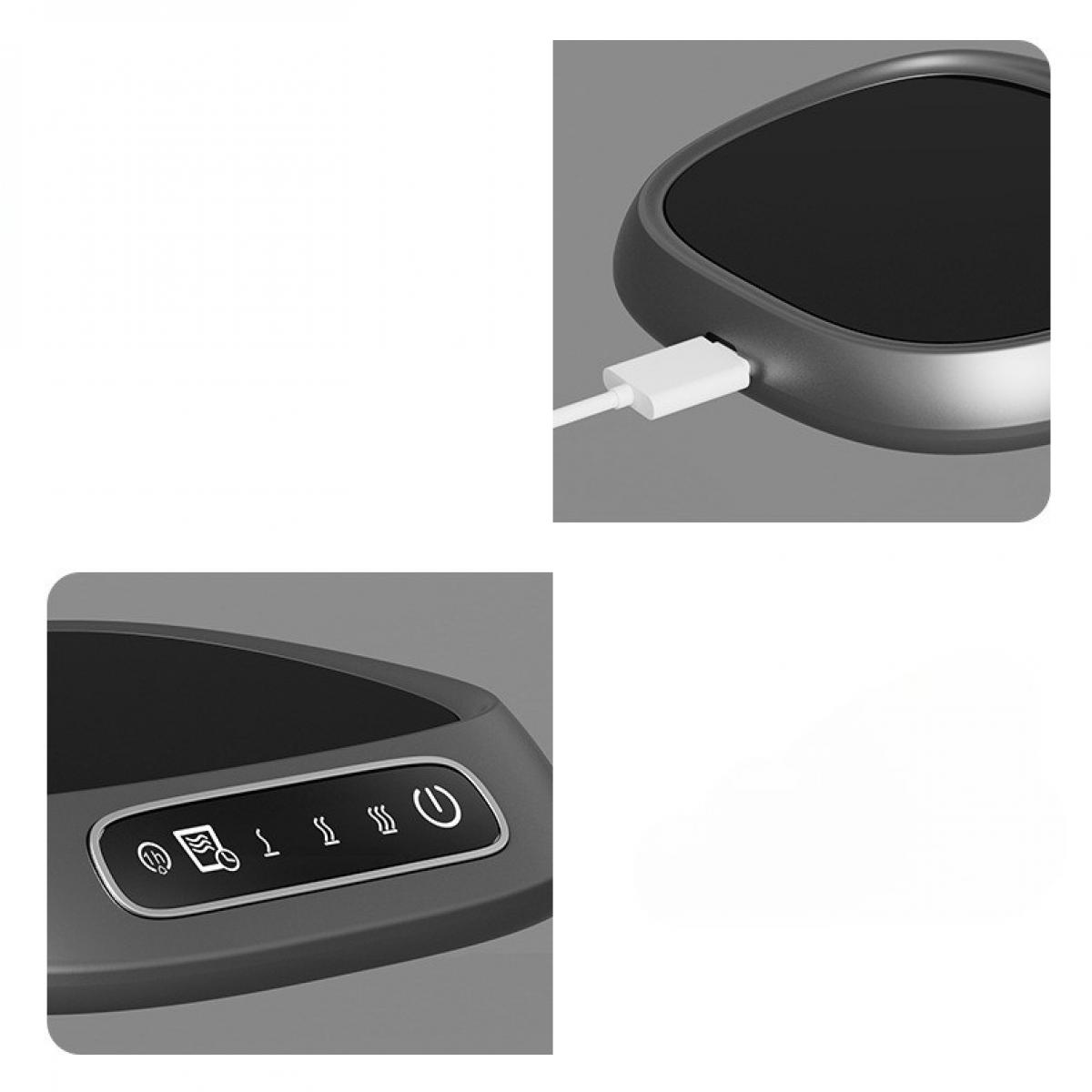 Ein schwarz-graues Gerät mit Ein-/Aus-Taste und Symbolen. Ein weißes USB-Kabel ist angeschlossen. Das Gerät befindet sich auf grauem Grund.