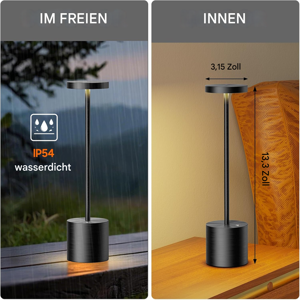 Zwei Bilder zeigen eine schwarze Lampe: eines im Freien, eines drinnen. Die Lampe hat einen runden Sockel, einen hohen Stiel und eine scheibenförmige Oberseite.