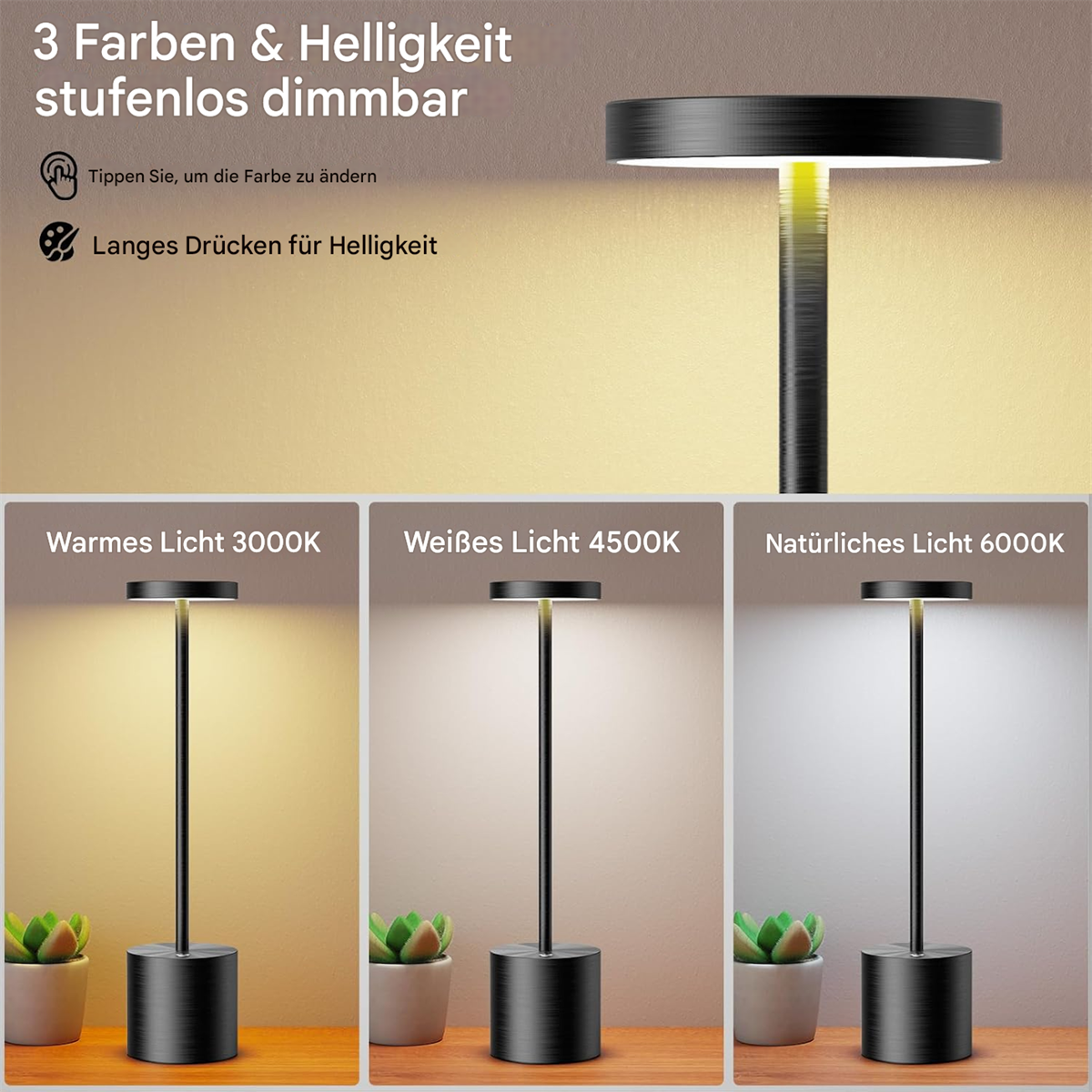 Das Bild zeigt drei Lampen mit unterschiedlichen Lichteinstellungen. Jede Lampe ist schwarz und hat ein kreisförmiges Licht. Jede hat eine kleine Pflanze.