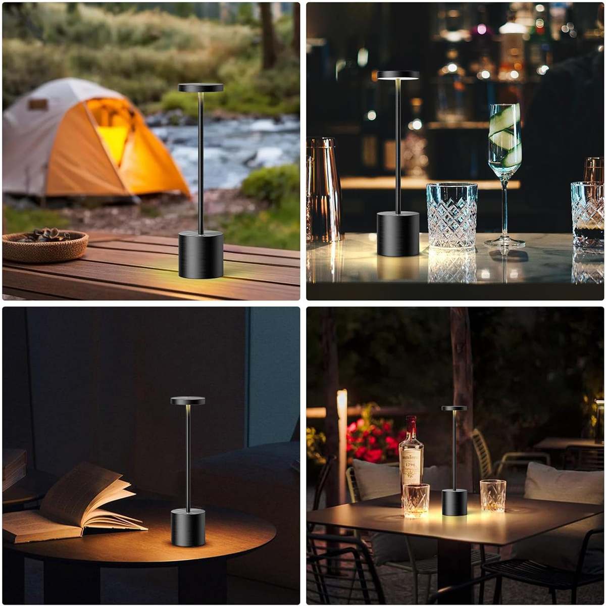 Vier Szenen einer schwarzen Lampe. Sie hat eine kreisförmige Ober- und Unterseite. Hintergründe sind ein Zelt, eine Bar, ein offenes Buch und ein Restauranttisch.