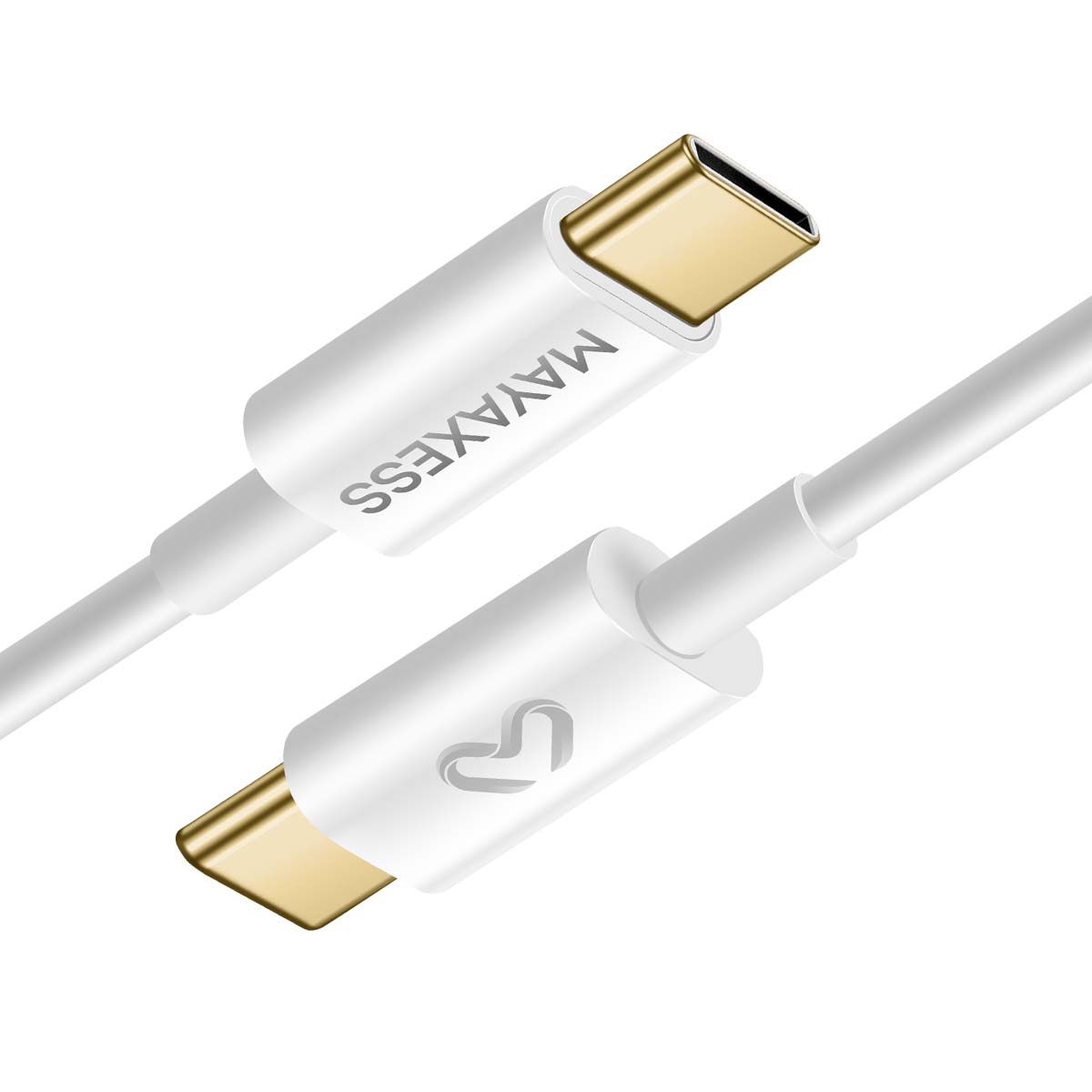 Un câble USB-C Mayaxess blanc avec des connecteurs dorés. Le câble est incliné, avec un logo sur le connecteur inférieur.