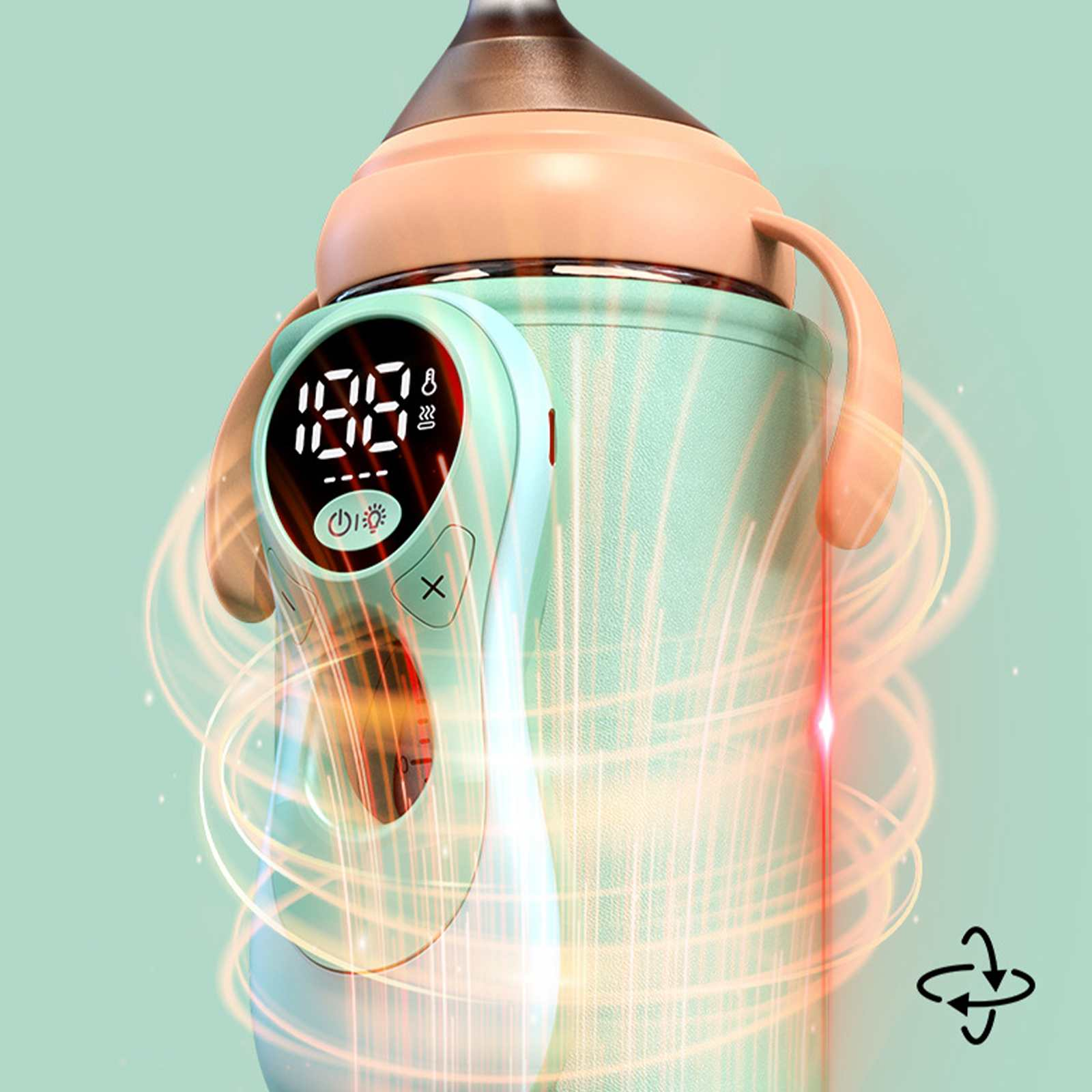 Ein Babyflaschenwärmer mit Digitalanzeige. Die Flasche ist mintgrün und pfirsichfarben. Rotes Licht und Energielinien leuchten herum.