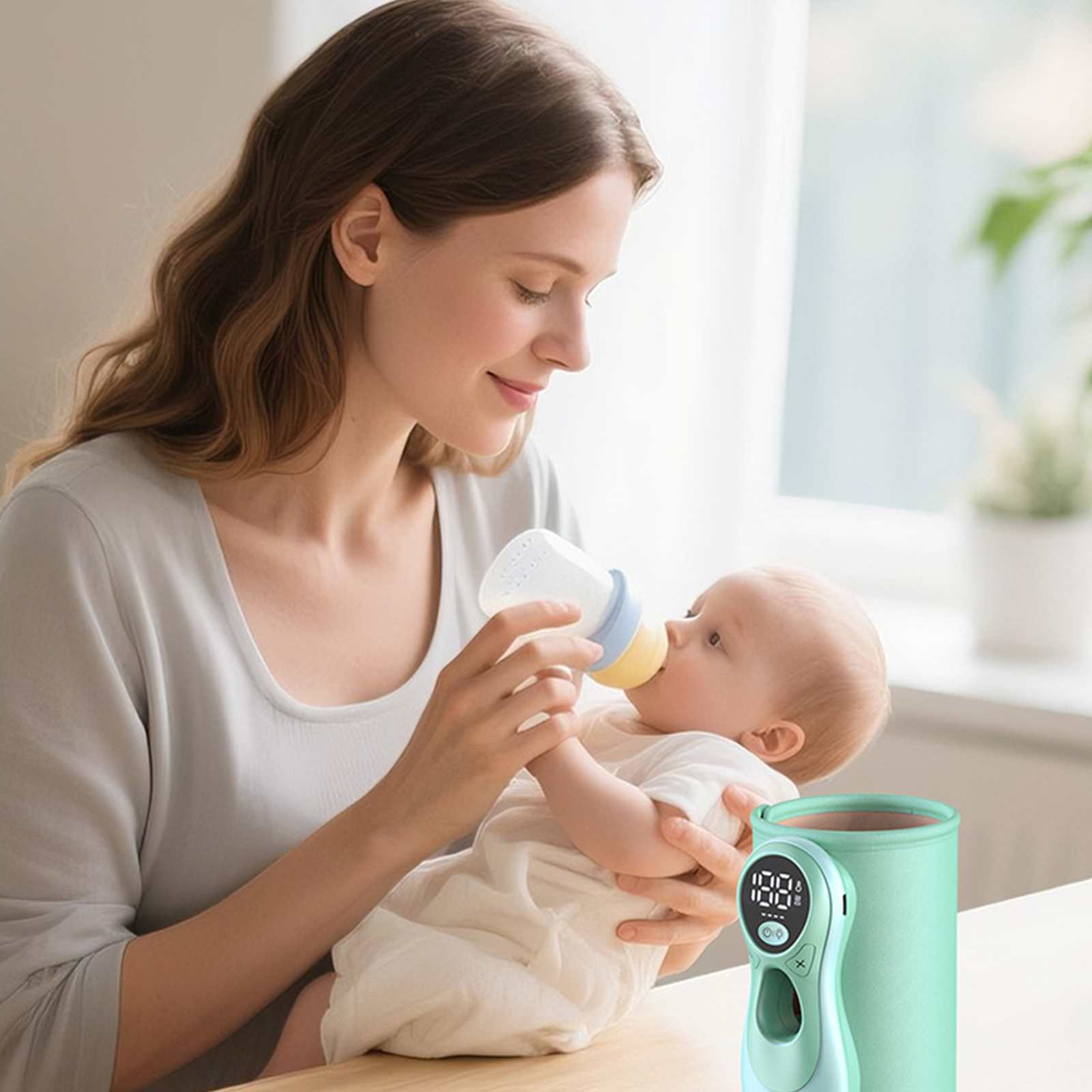 Eine Frau füttert ein Baby mit einer Flasche. Ein Thermometer und ein grüner Wärmer stehen daneben. Das Baby ist in den Armen der Frau.