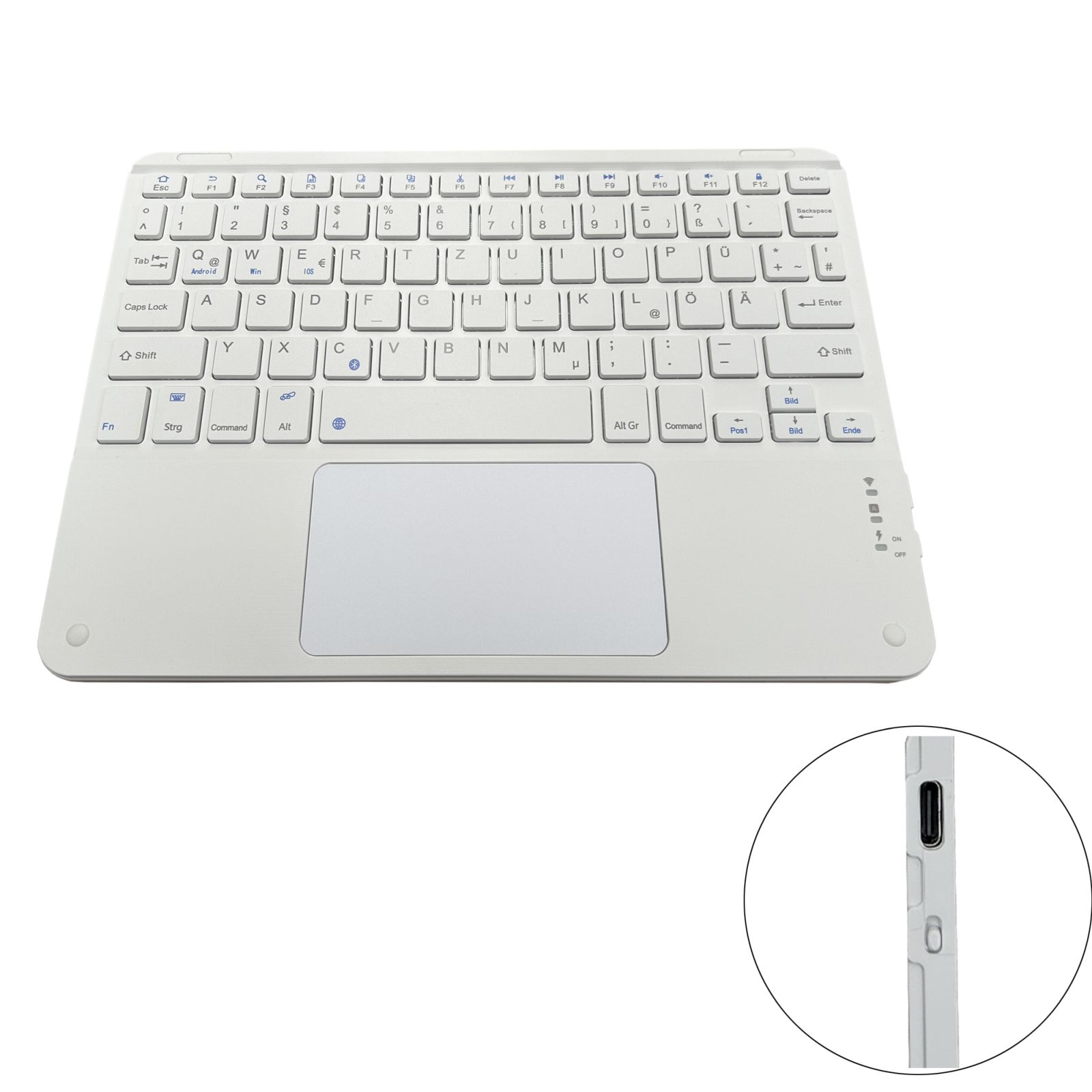 Eine weiße Tastatur mit Touchpad. Tasten sind mit Buchstaben und Symbolen beschriftet. Strom- und Statusanzeigen an der Seite.