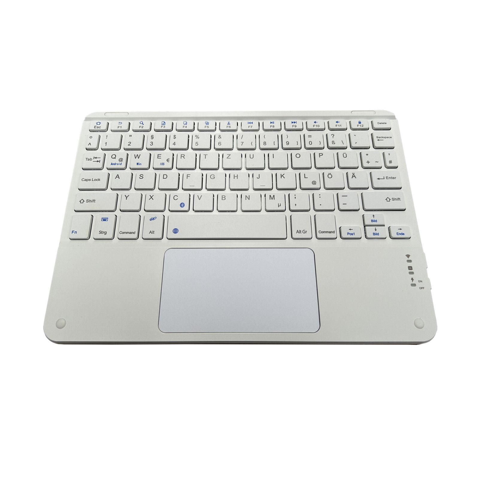 Eine silberne drahtlose Tastatur mit eingebautem Touchpad. Tasten sind Buchstaben, Zahlen und Sonderzeichen.